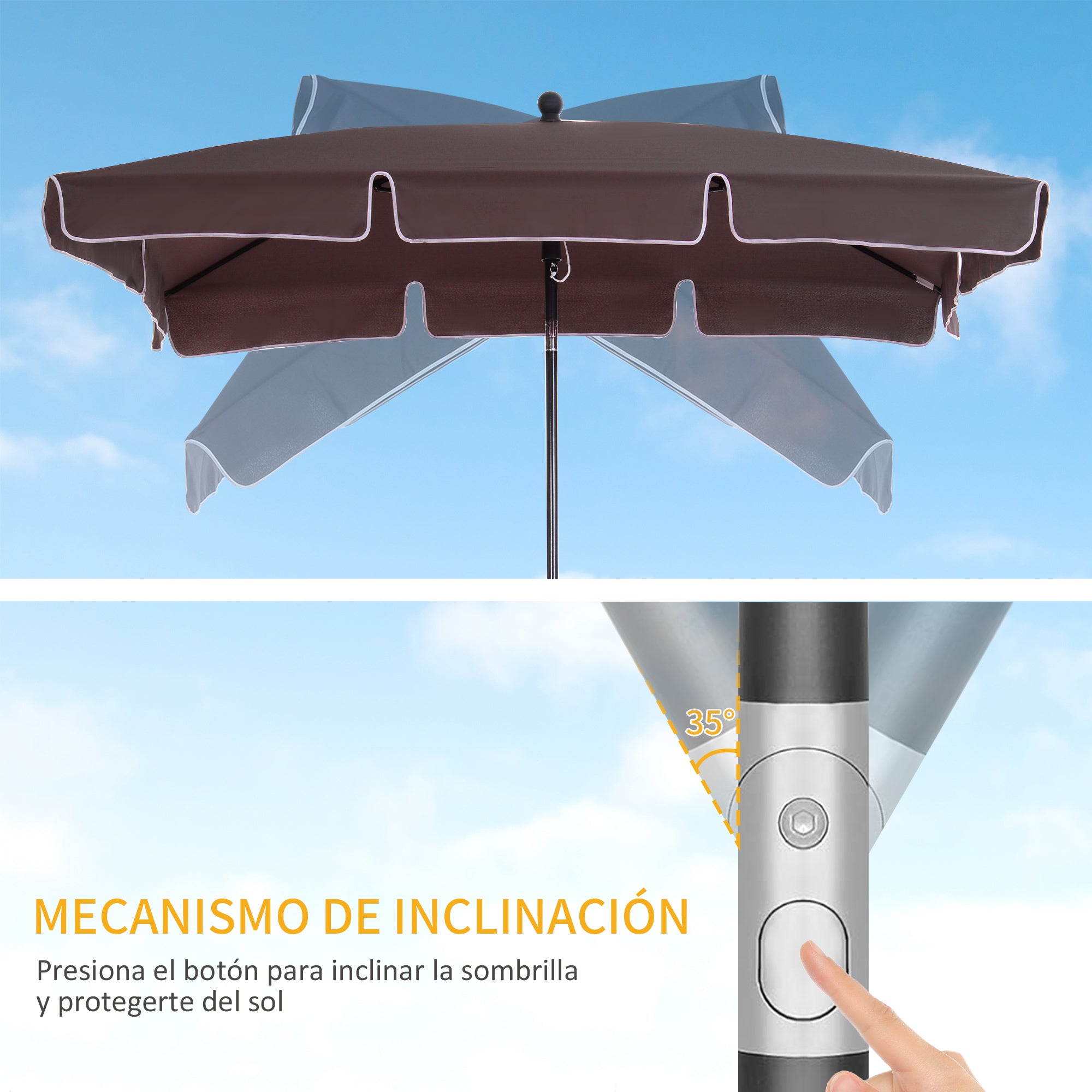 Outsunny Sombrilla de Jardín de Aluminio 198x130x245 cm Parasol de Jardín Rectangular con Función de Inclinación para Terraza Patio Exterior Café