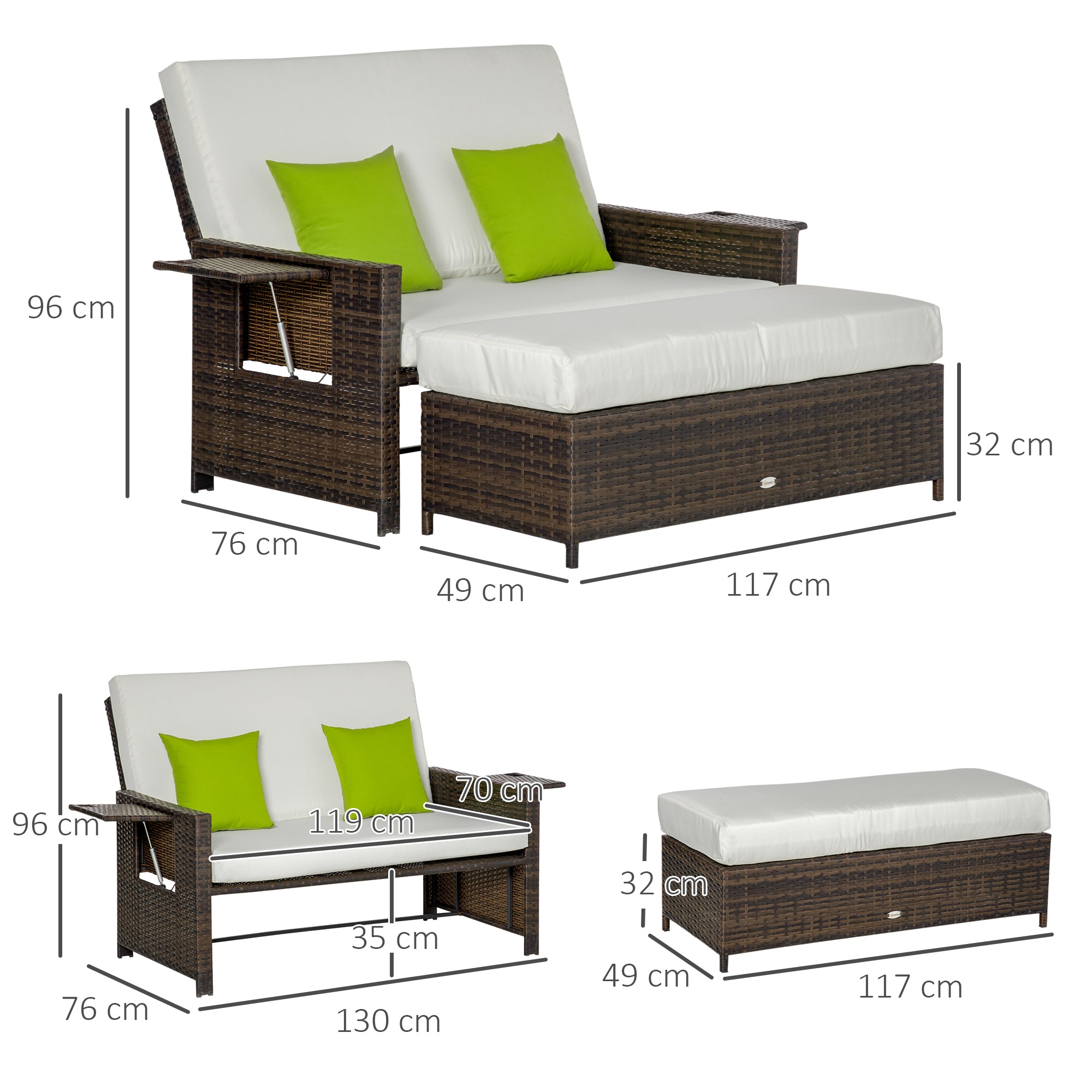 Outsunny Sofá de Ratán de 2 Plazas con Mesitas y Reposapiés de Almacenaje Tumbona de Jardín con Respaldo Inclinable y Cojines Gruesos Desenfundables 130x76x96 cm Marrón y Beige