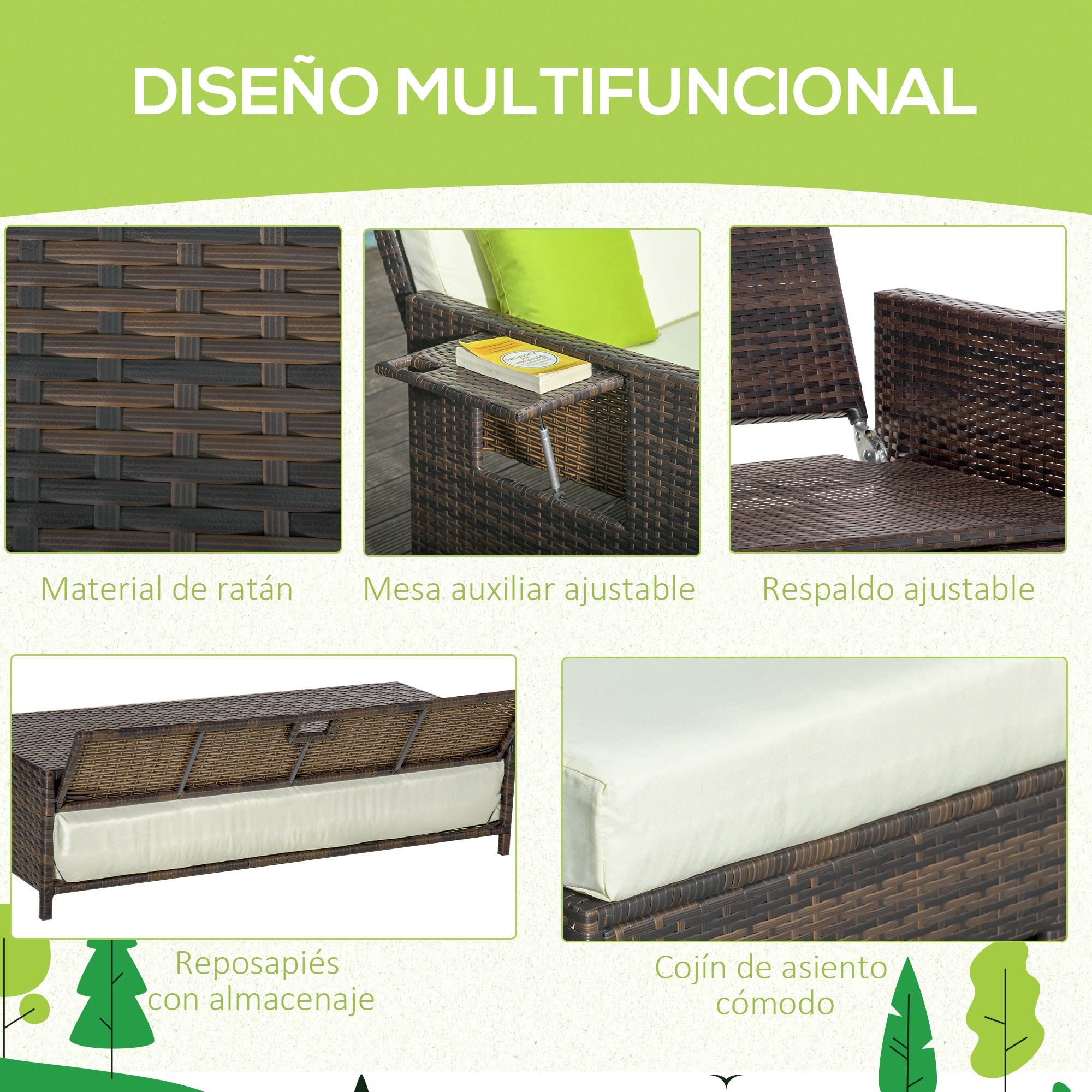 Outsunny Sofá de Ratán de 2 Plazas con Mesitas y Reposapiés de Almacenaje Tumbona de Jardín con Respaldo Inclinable y Cojines Gruesos Desenfundables 130x76x96 cm Marrón y Beige