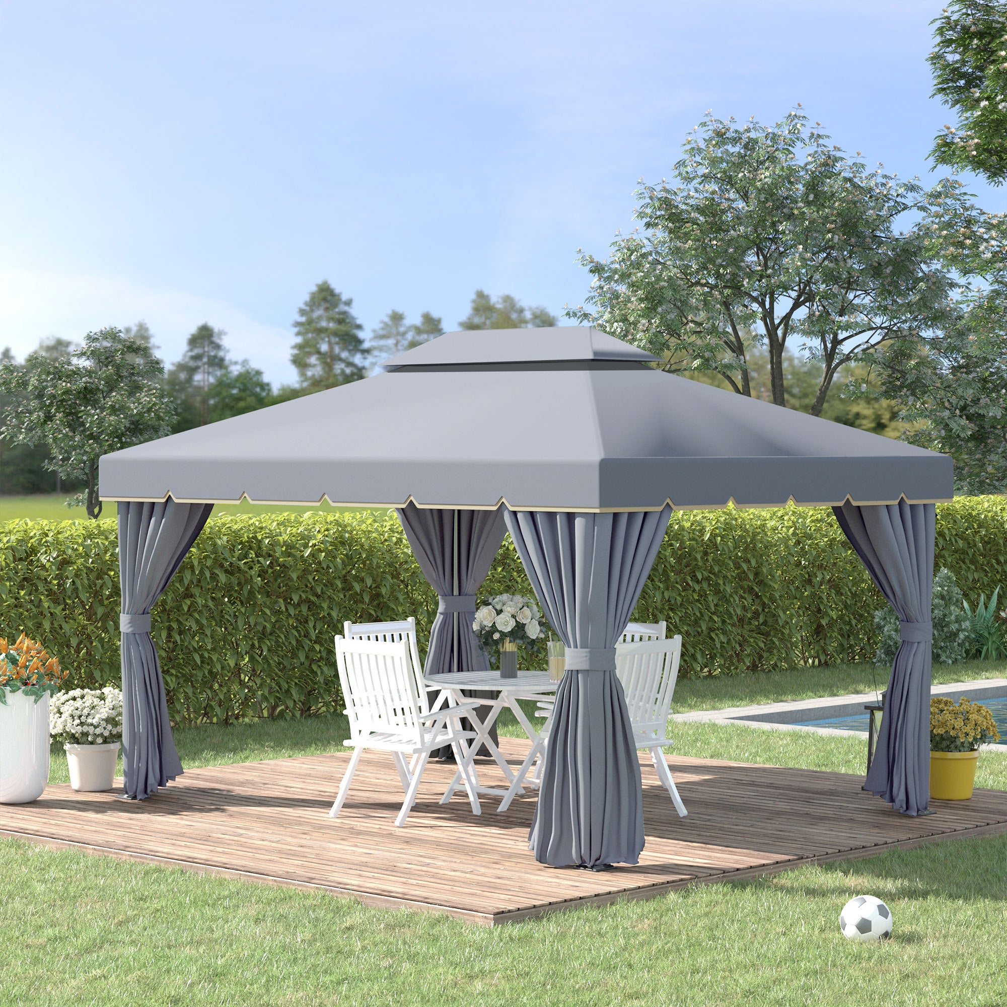 Outsunny Cenador de Jardín 4x3 m, Pabellón de Jardín Gazebo con Doble Techo, 4 Cortinas y Mosquitera, Marco de Aluminio, Orificios de Drenaje, UPF50+, Carpa para Exterior, Terraza, Patio, Gris