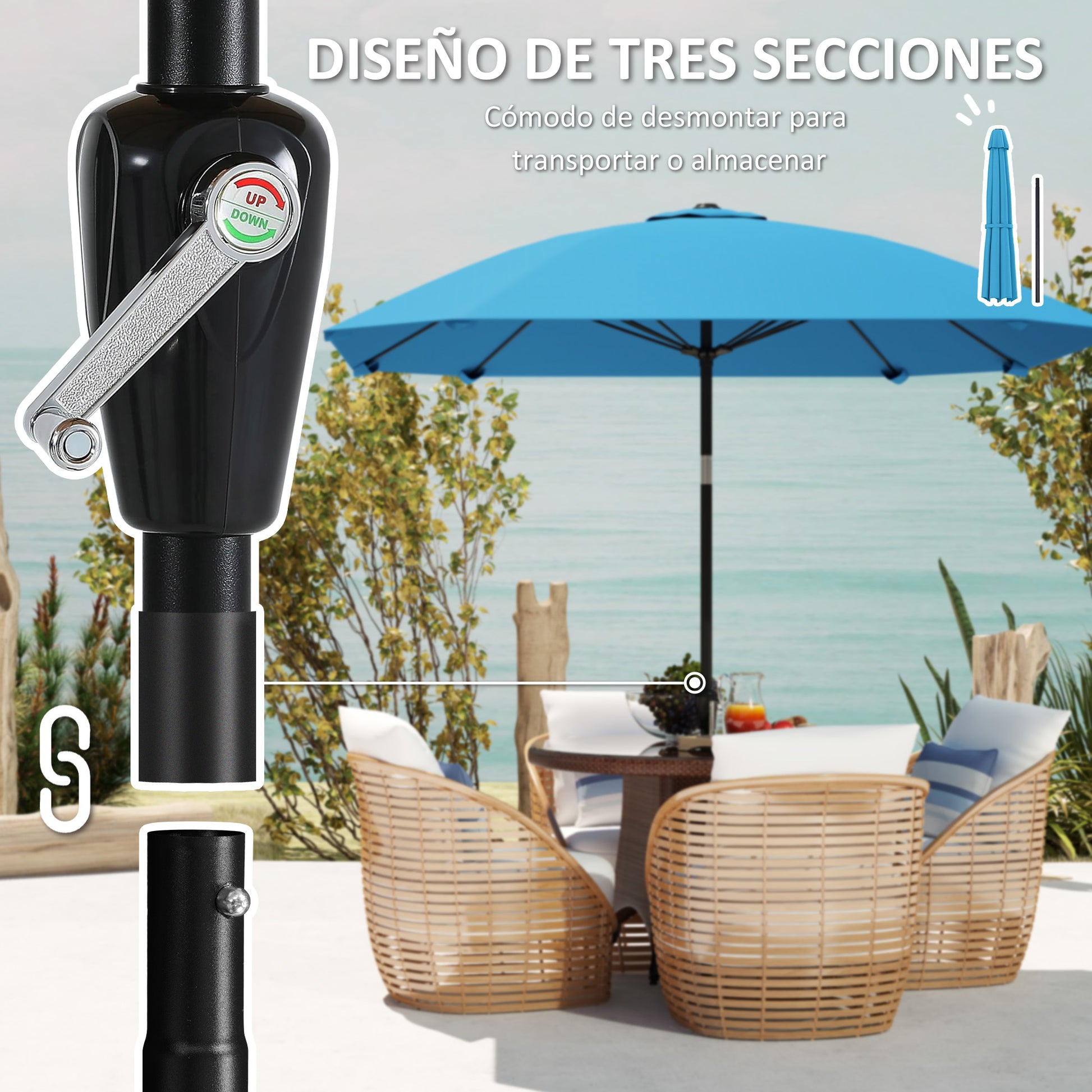 Outsunny Sombrilla Terraza Exterior 233x233 cm Sombrilla de Jardín con Ángulo Ajustable en 2 Posiciones Impermeable Poste de Aluminio Varillas de Fibra de Vidrio y Manivela Parasol para Terraza Azul