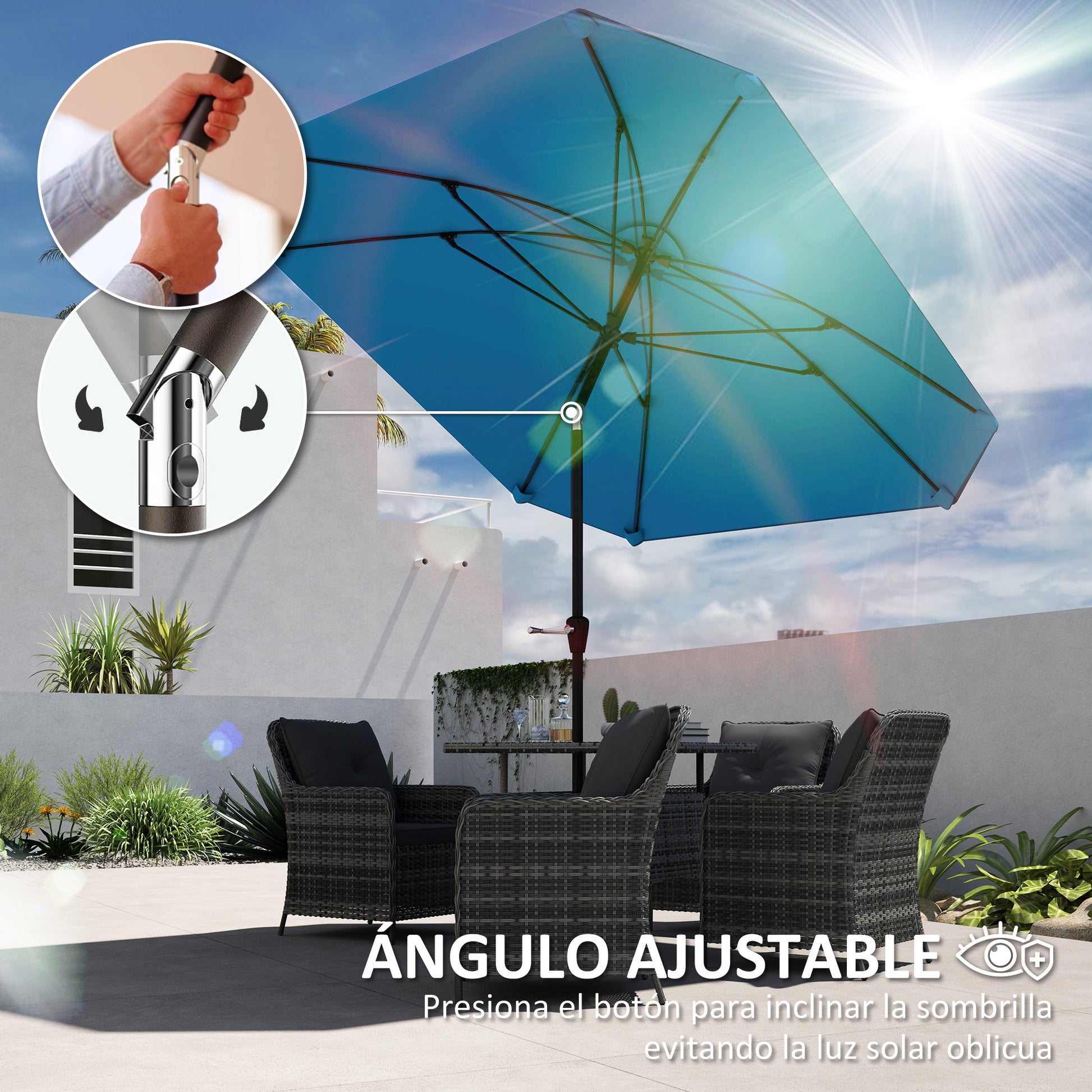 Outsunny Sombrilla Terraza Exterior 233x233 cm Sombrilla de Jardín con Ángulo Ajustable en 2 Posiciones Impermeable Poste de Aluminio Varillas de Fibra de Vidrio y Manivela Parasol para Terraza Azul