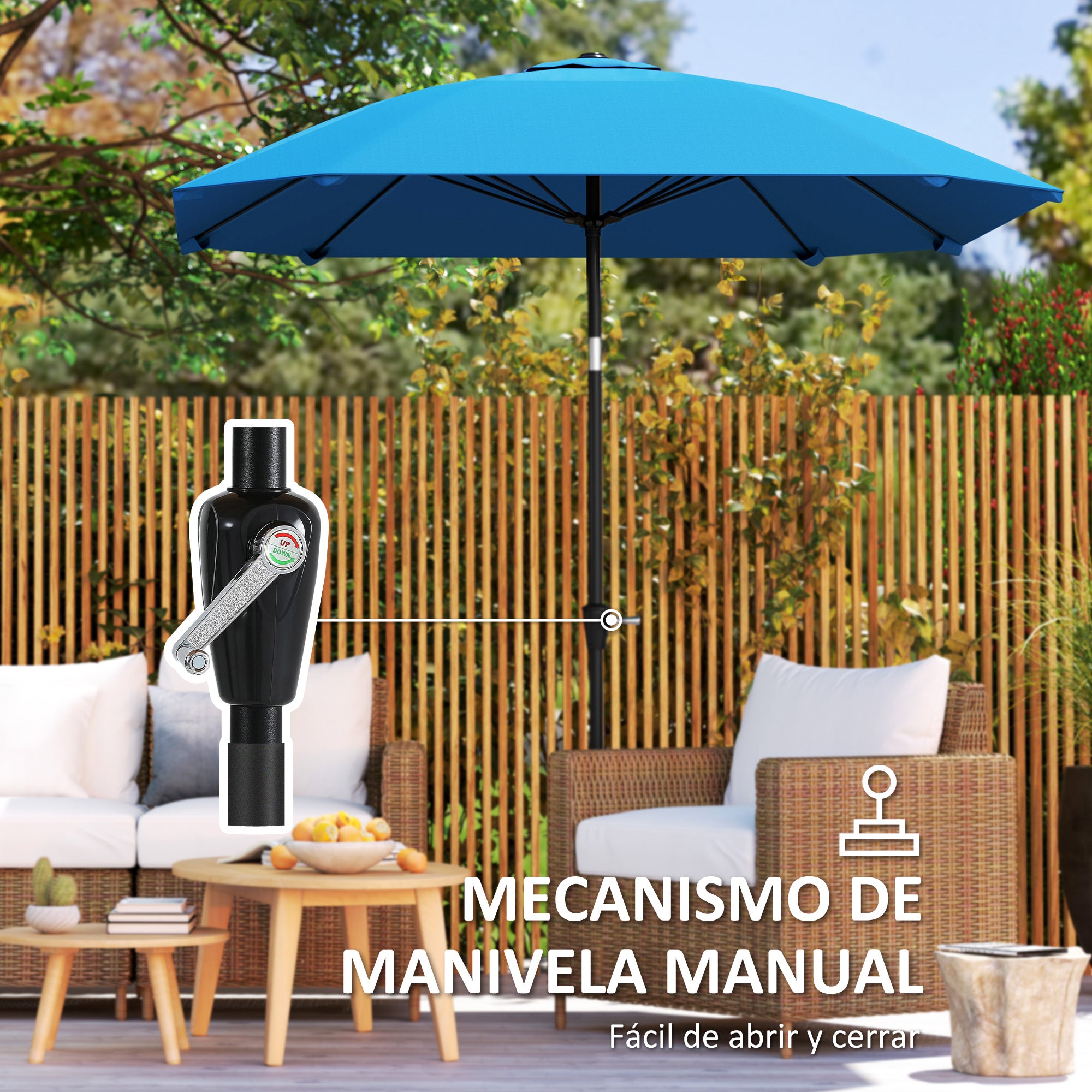 Outsunny Sombrilla Terraza Exterior 233x233 cm Sombrilla de Jardín con Ángulo Ajustable en 2 Posiciones Impermeable Poste de Aluminio Varillas de Fibra de Vidrio y Manivela Parasol para Terraza Azul