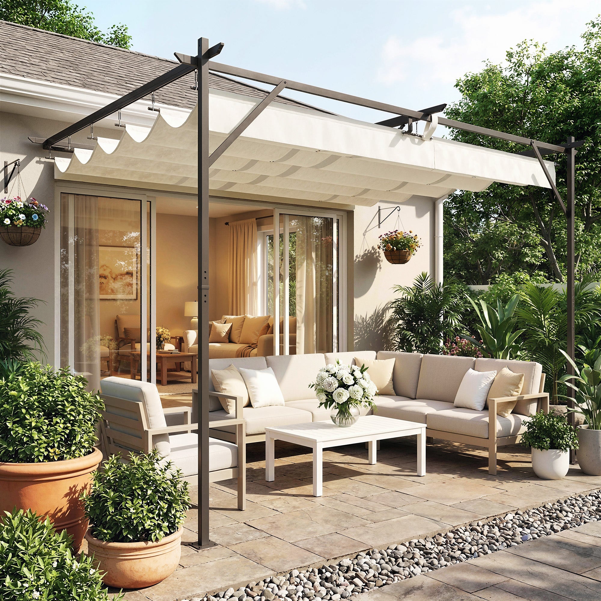 Outsunny Pérgola de Pared de Jardín 4x3 m, Cenador de Jardín con Techo Retráctil, Protección UPF30+, Orificios de Drenaje y Estructura Metálica, Pabellón para Patio, Terraza, Exterior, Blanco Crema