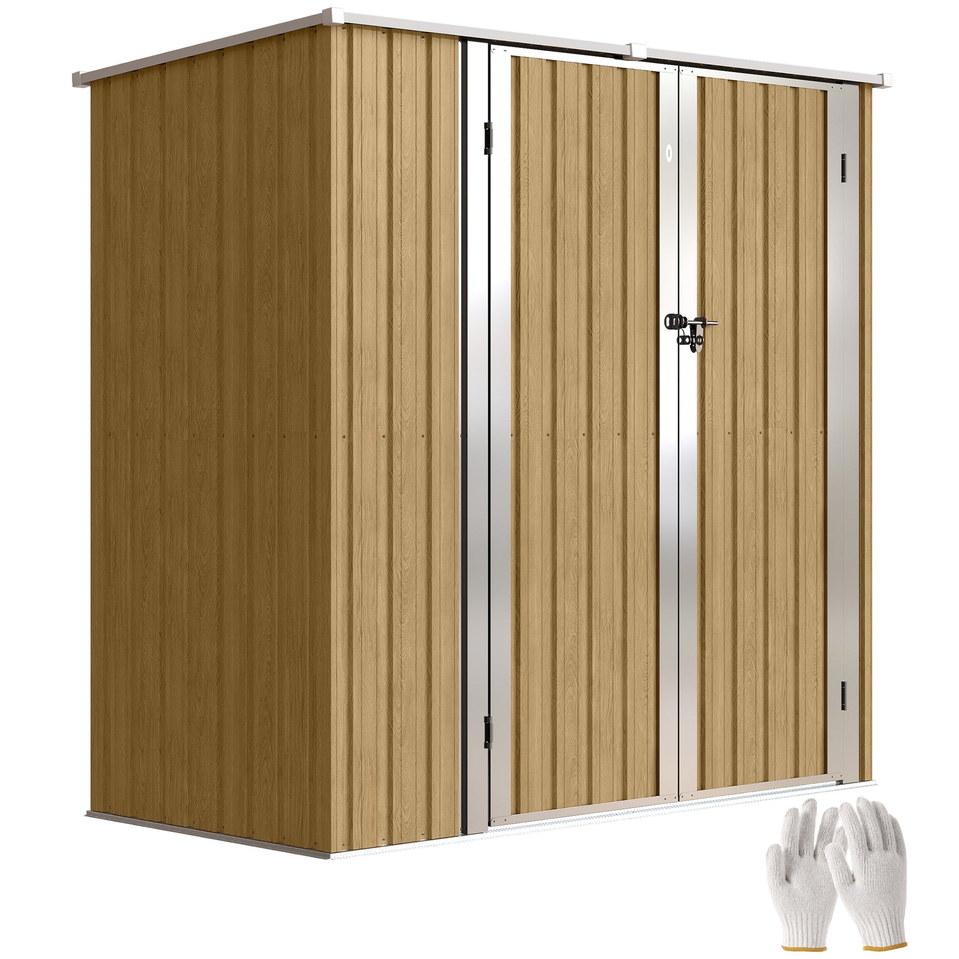 Outsunny Caseta de Jardín Exterior 1,37 m², 163x89x163 cm, Cobertizo de Jardín Exterior Metálico con Techo Inclinado, Puertas con Pestillo y Guantes para Almacenamiento de Herramientas, Marrón Claro