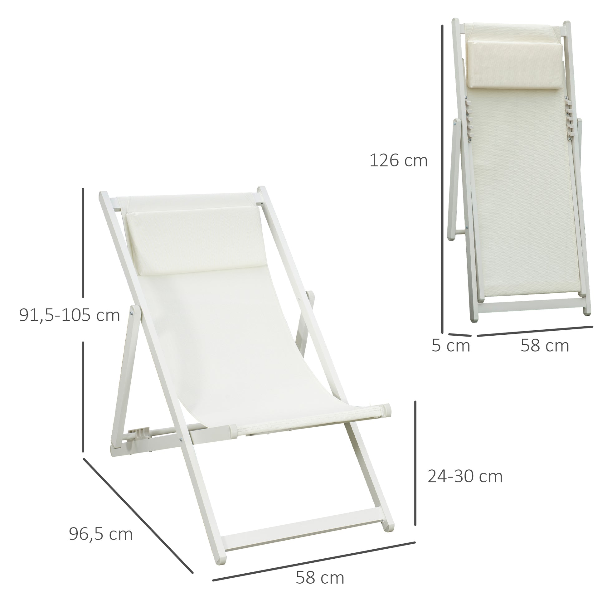 Outsunny Conjunto de 2 Tumbonas Plegables de Aluminio Tumbonas de Jardín con Respaldo Regulable en 5 Posiciones y Reposacabezas para Terraza Patio Exterior 58x96,5x91,5 cm Blanco