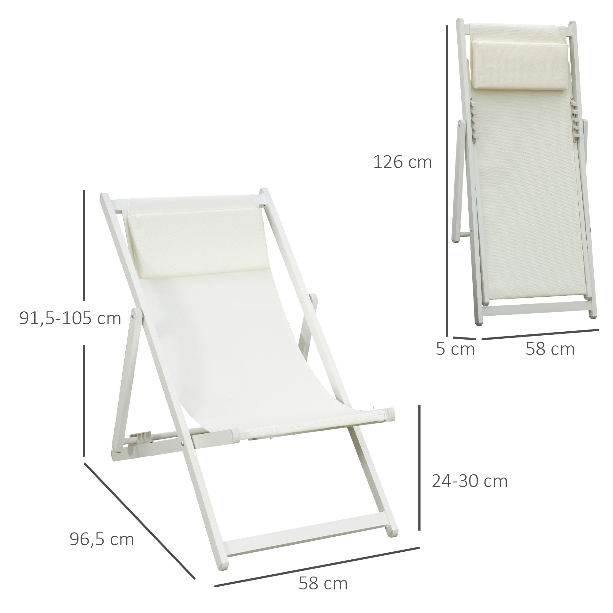 Outsunny Conjunto de 2 Tumbonas Plegables de Aluminio Tumbonas de Jardín con Respaldo Regulable en 5 Posiciones y Reposacabezas para Terraza Patio Exterior 58x96,5x91,5 cm Blanco
