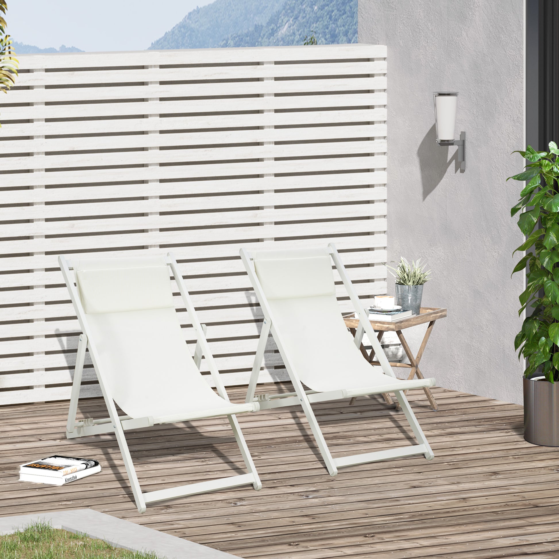 Outsunny Conjunto de 2 Tumbonas Plegables de Aluminio Tumbonas de Jardín con Respaldo Regulable en 5 Posiciones y Reposacabezas para Terraza Patio Exterior 58x96,5x91,5 cm Blanco