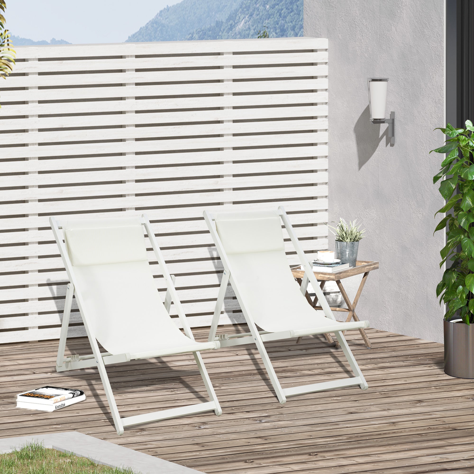 Outsunny Conjunto de 2 Tumbonas Plegables de Aluminio Tumbonas de Jardín con Respaldo Regulable en 5 Posiciones y Reposacabezas para Terraza Patio Exterior 58x96,5x91,5 cm Blanco
