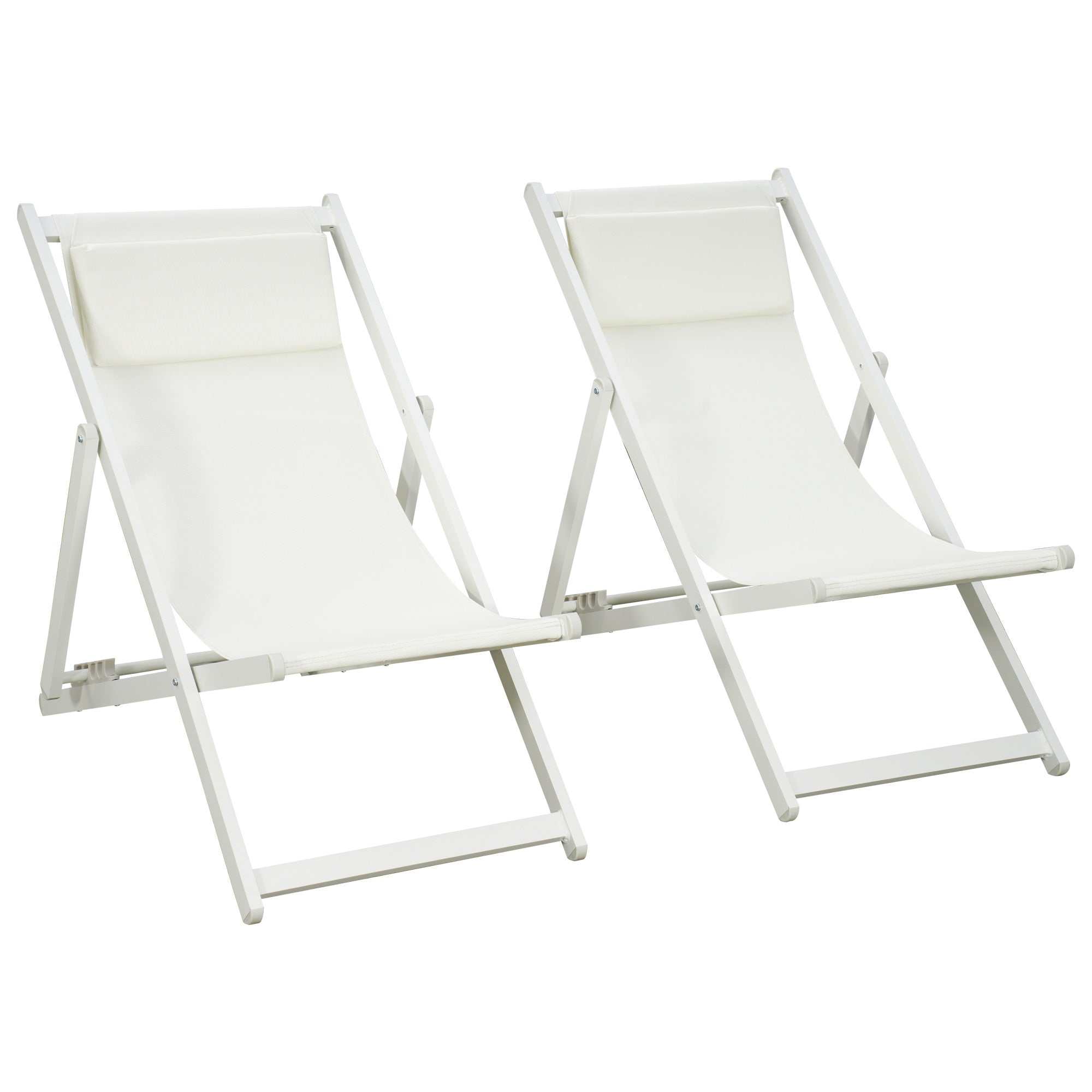 Outsunny Conjunto de 2 Tumbonas Plegables de Aluminio Tumbonas de Jardín con Respaldo Regulable en 5 Posiciones y Reposacabezas para Terraza Patio Exterior 58x96,5x91,5 cm Blanco