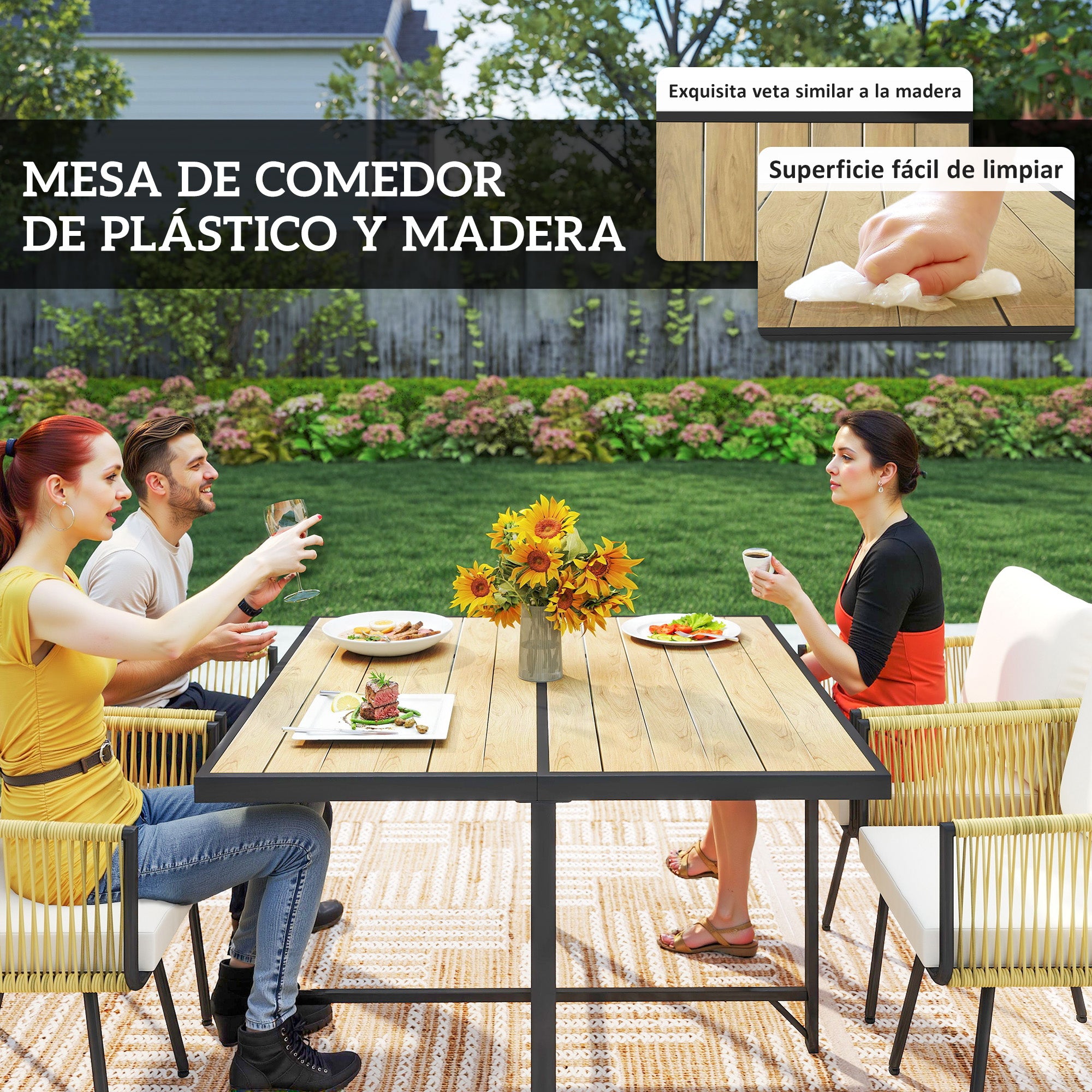 Outsunny Conjunto de Mesa y Sillas Jardín de Ratán de 5 Piezas, Muebles Jardín Exterior con Mesa de Plástico-Madera y 4 Sillas con Cojines Extraíbles, Marco de Metal Resistente para Terraza, Beige