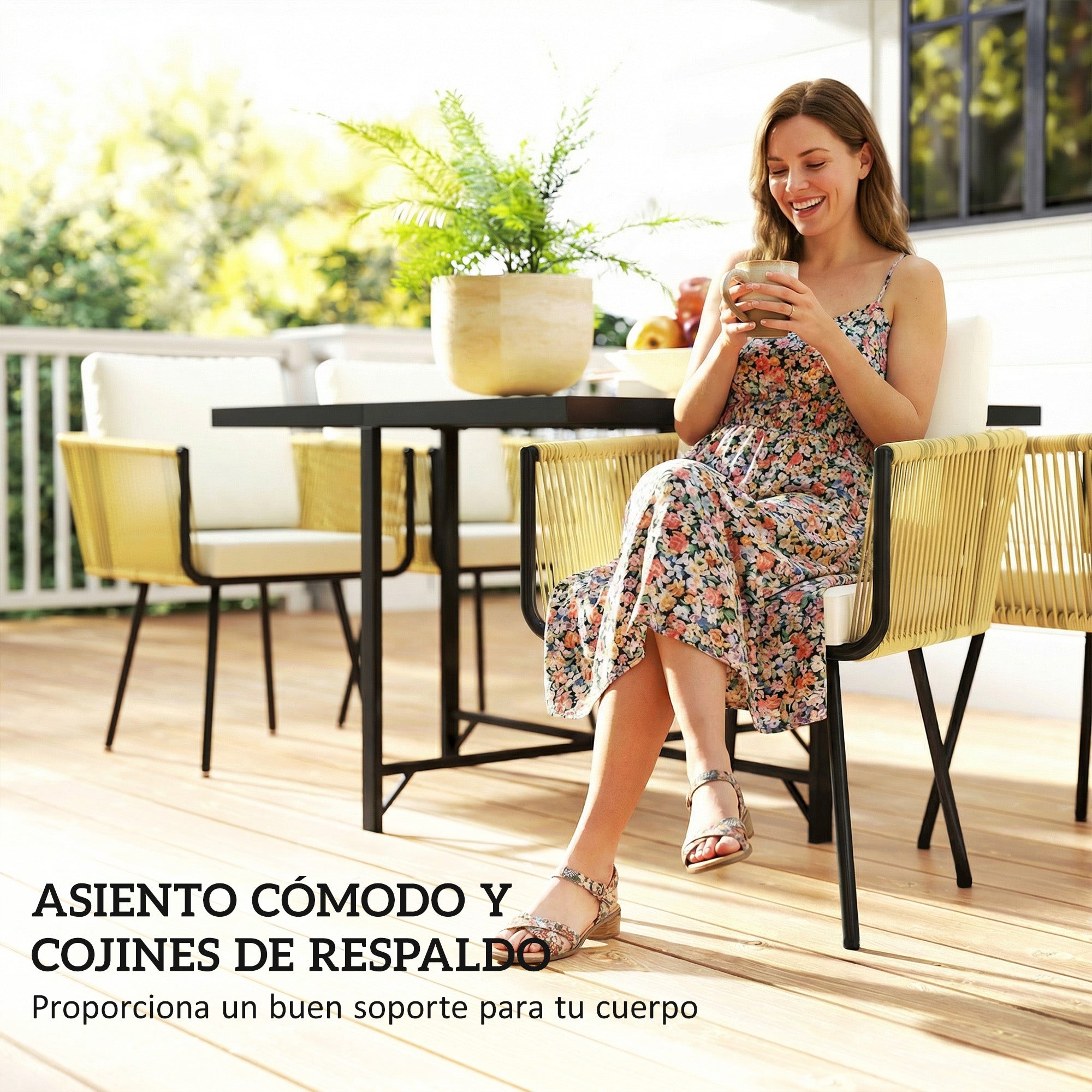 Outsunny Conjunto de Mesa y Sillas Jardín de Ratán de 5 Piezas, Muebles Jardín Exterior con Mesa de Plástico-Madera y 4 Sillas con Cojines Extraíbles, Marco de Metal Resistente para Terraza, Beige