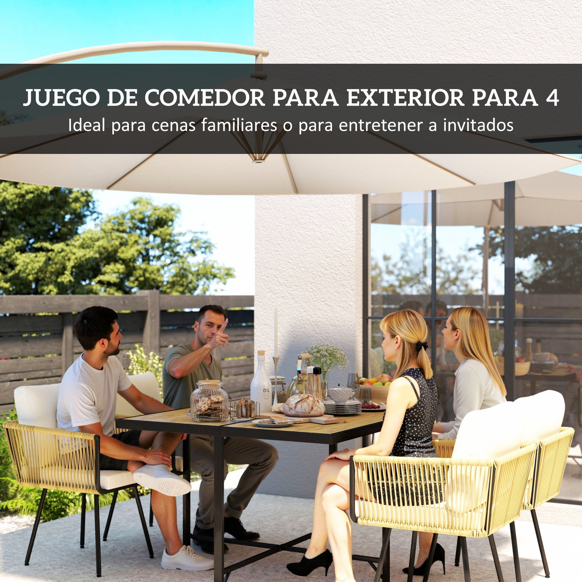 Outsunny Conjunto de Mesa y Sillas Jardín de Ratán de 5 Piezas, Muebles Jardín Exterior con Mesa de Plástico-Madera y 4 Sillas con Cojines Extraíbles, Marco de Metal Resistente para Terraza, Beige