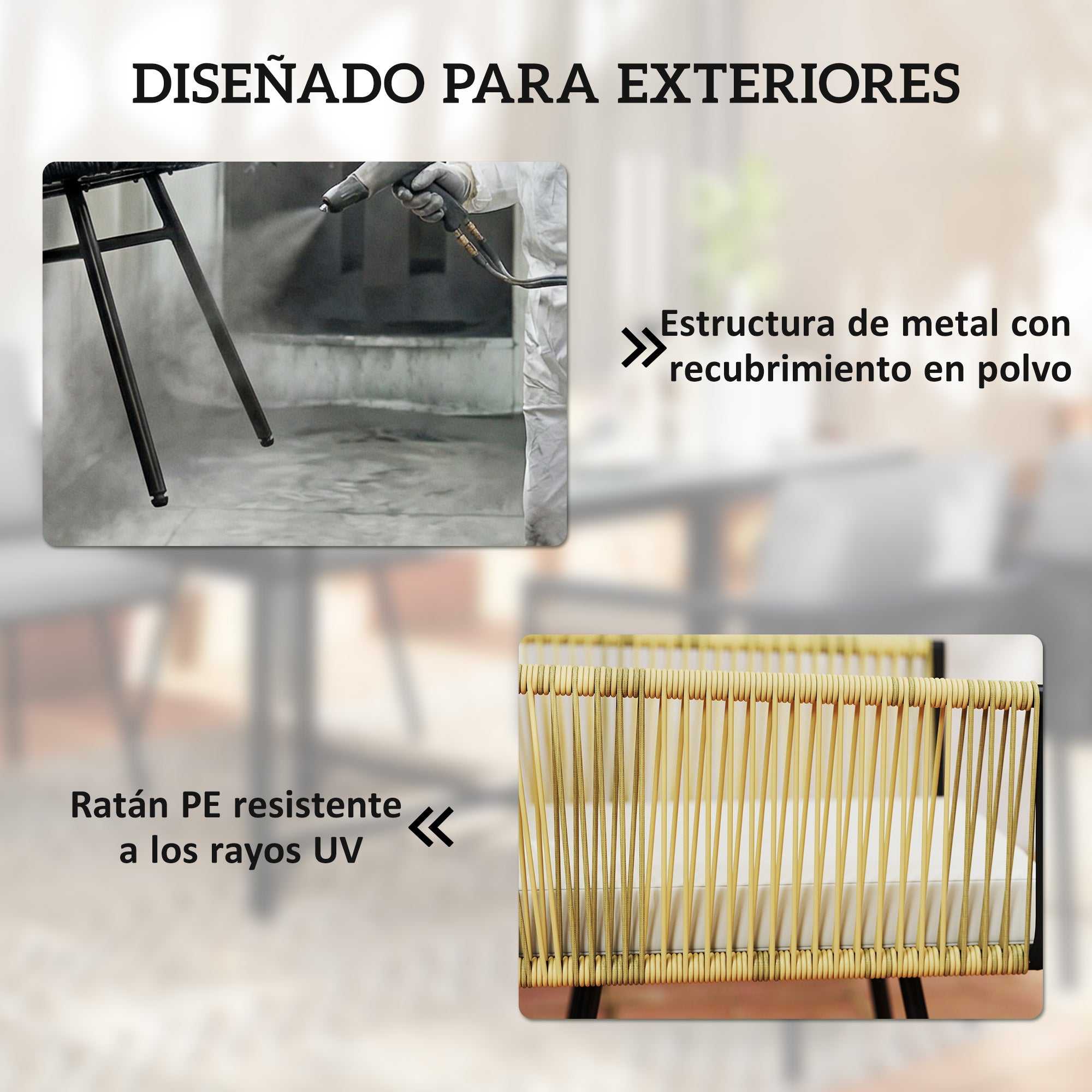 Outsunny Conjunto de Mesa y Sillas Jardín de Ratán de 5 Piezas, Muebles Jardín Exterior con Mesa de Plástico-Madera y 4 Sillas con Cojines Extraíbles, Marco de Metal Resistente para Terraza, Beige