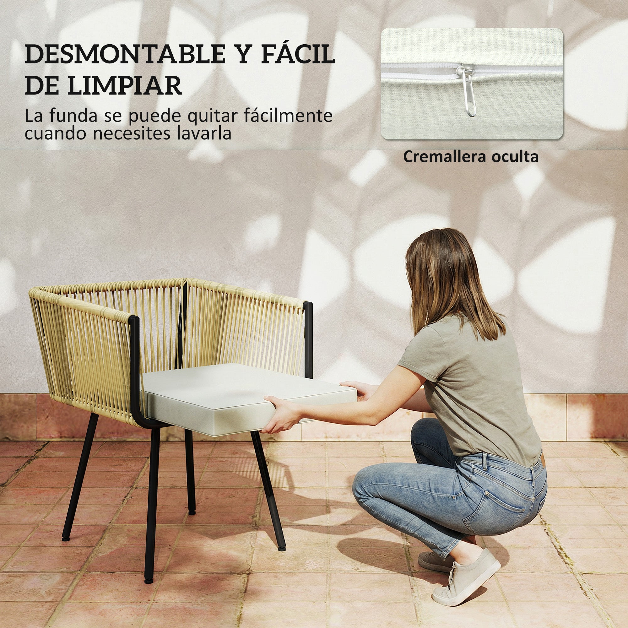 Outsunny Conjunto de Mesa y Sillas Jardín de Ratán de 5 Piezas, Muebles Jardín Exterior con Mesa de Plástico-Madera y 4 Sillas con Cojines Extraíbles, Marco de Metal Resistente para Terraza, Beige