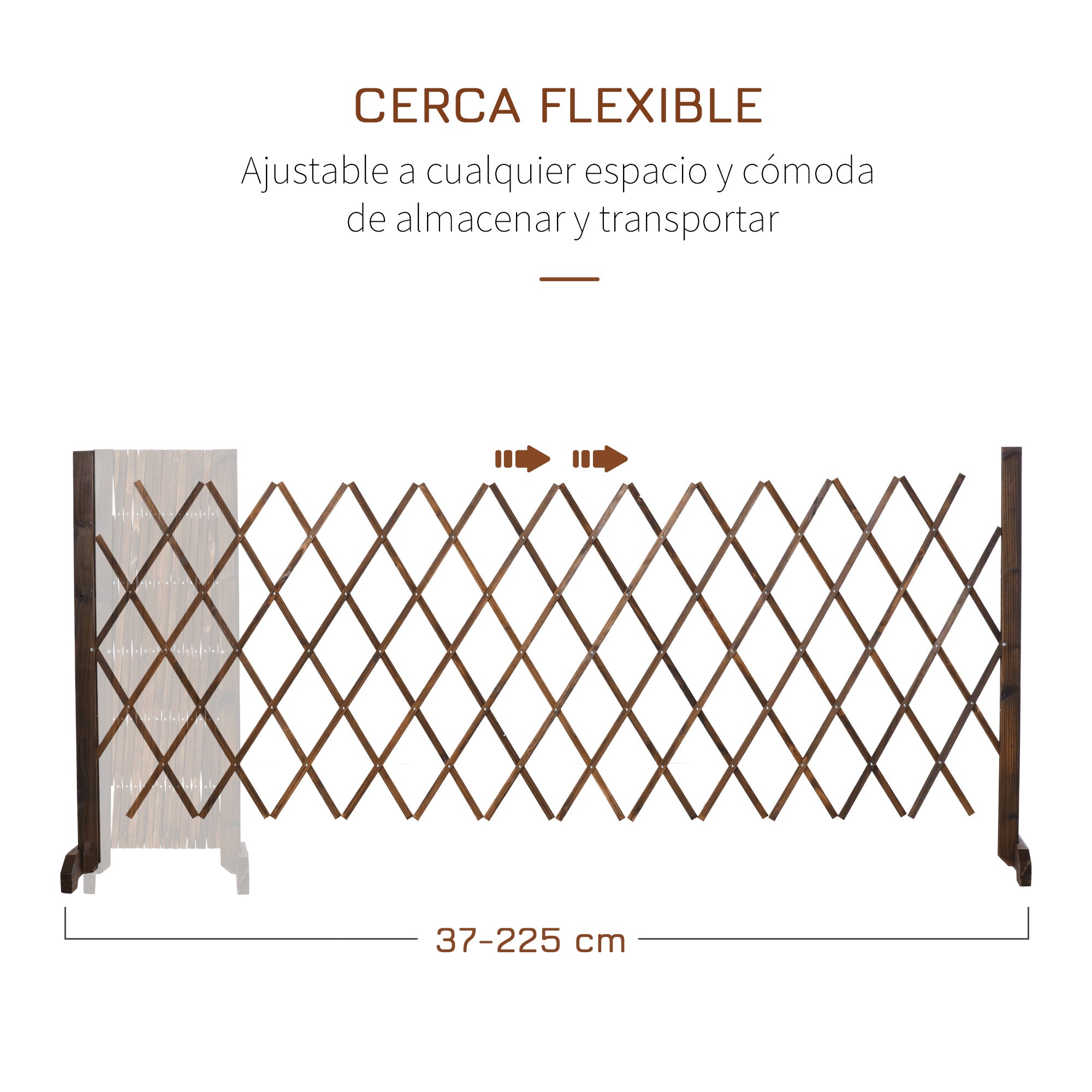 Outsunny Valla de Madera Extensible 37-225x30x106 cm Barrera de Seguridad para Perros Retráctil Multiusos para Decoración Césped Jardín Patio Marrón Carbonizado