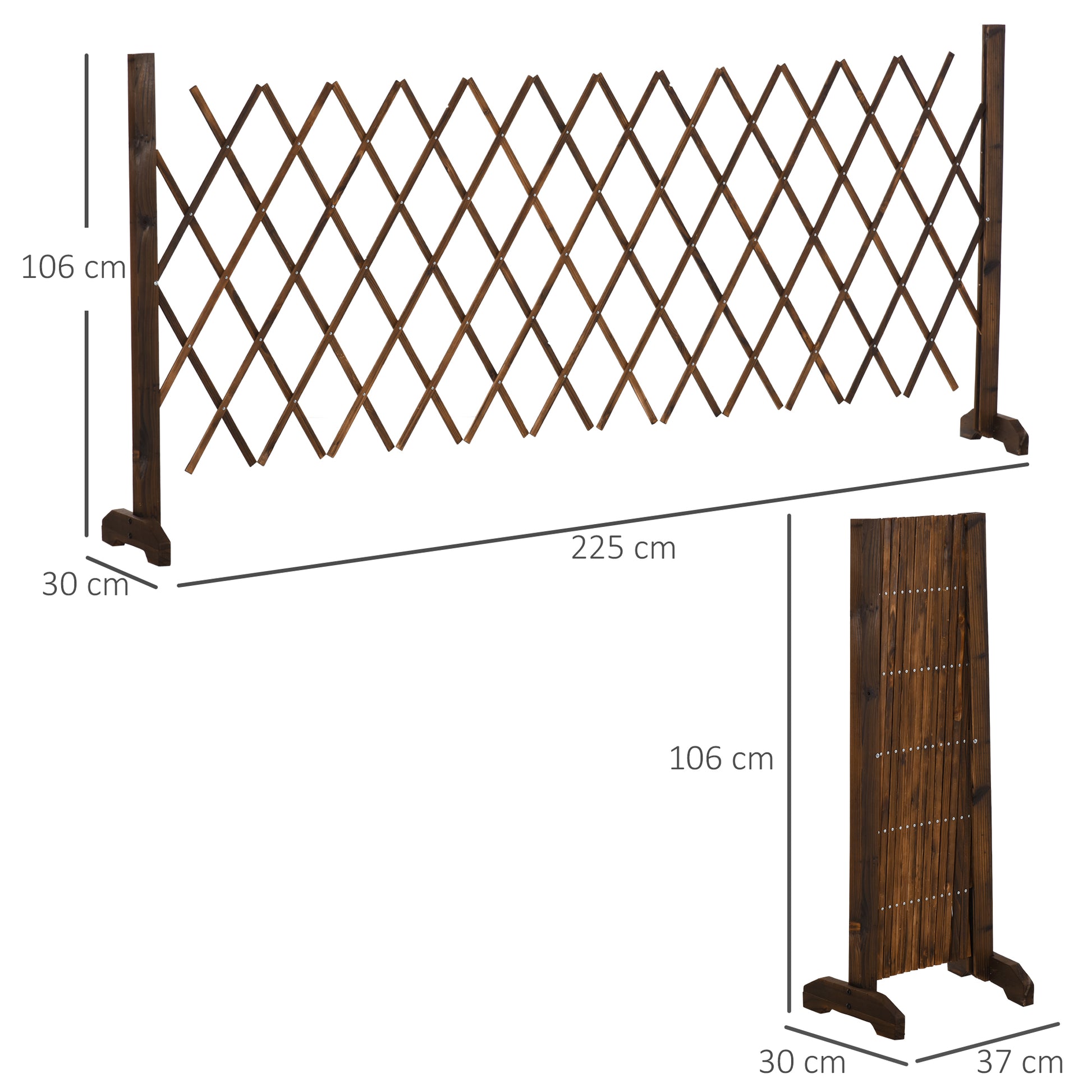 Outsunny Valla de Madera Extensible 37-225x30x106 cm Barrera de Seguridad para Perros Retráctil Multiusos para Decoración Césped Jardín Patio Marrón Carbonizado