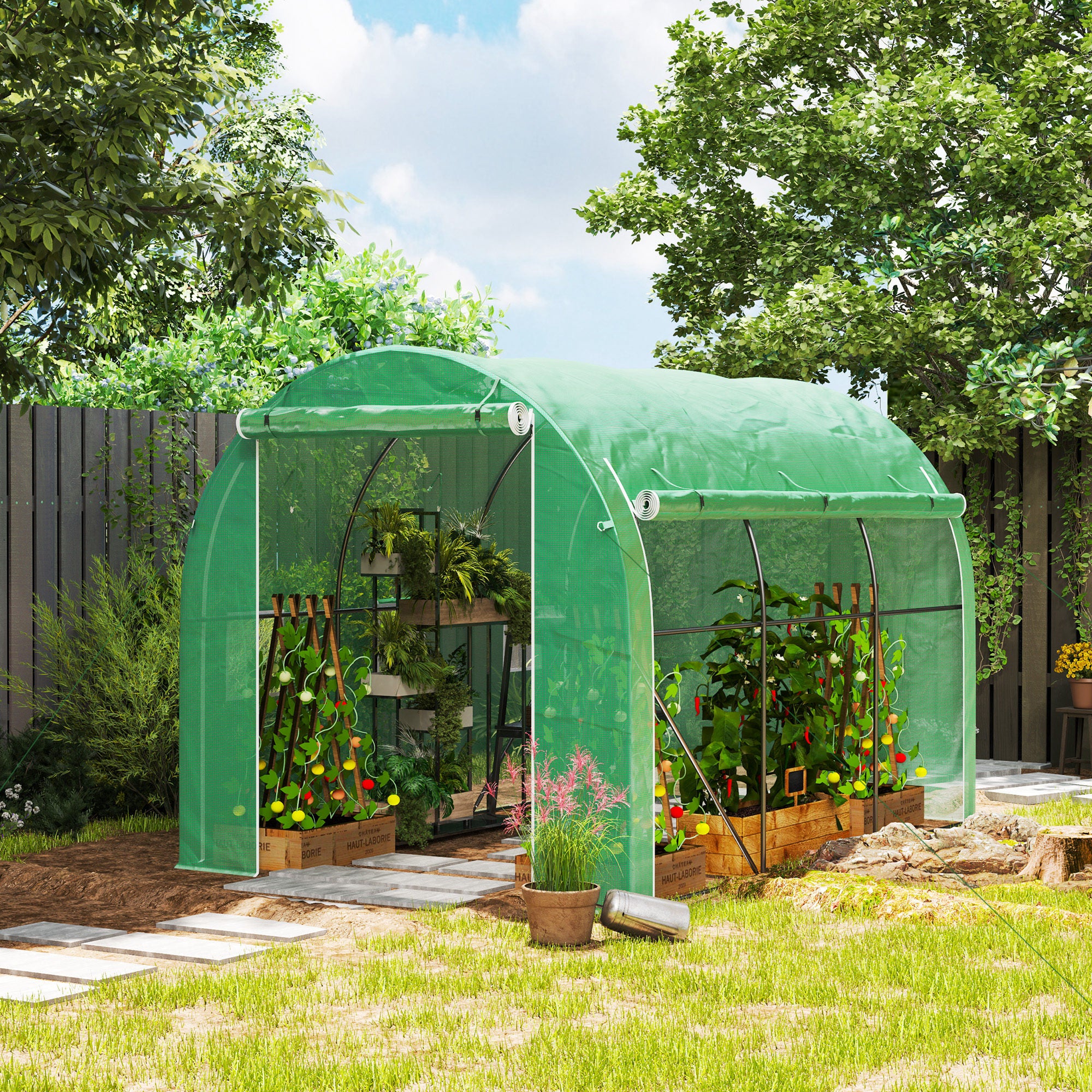 Outsunny Invernadero de Túnel 296x196x200 cm Invernadero de Jardín con 3 Puertas Enrollables 6 Ventanas Cubierta PE 140g/m² Estructura de Acero Galvanizado para Cultivos Plantas Flores Verde