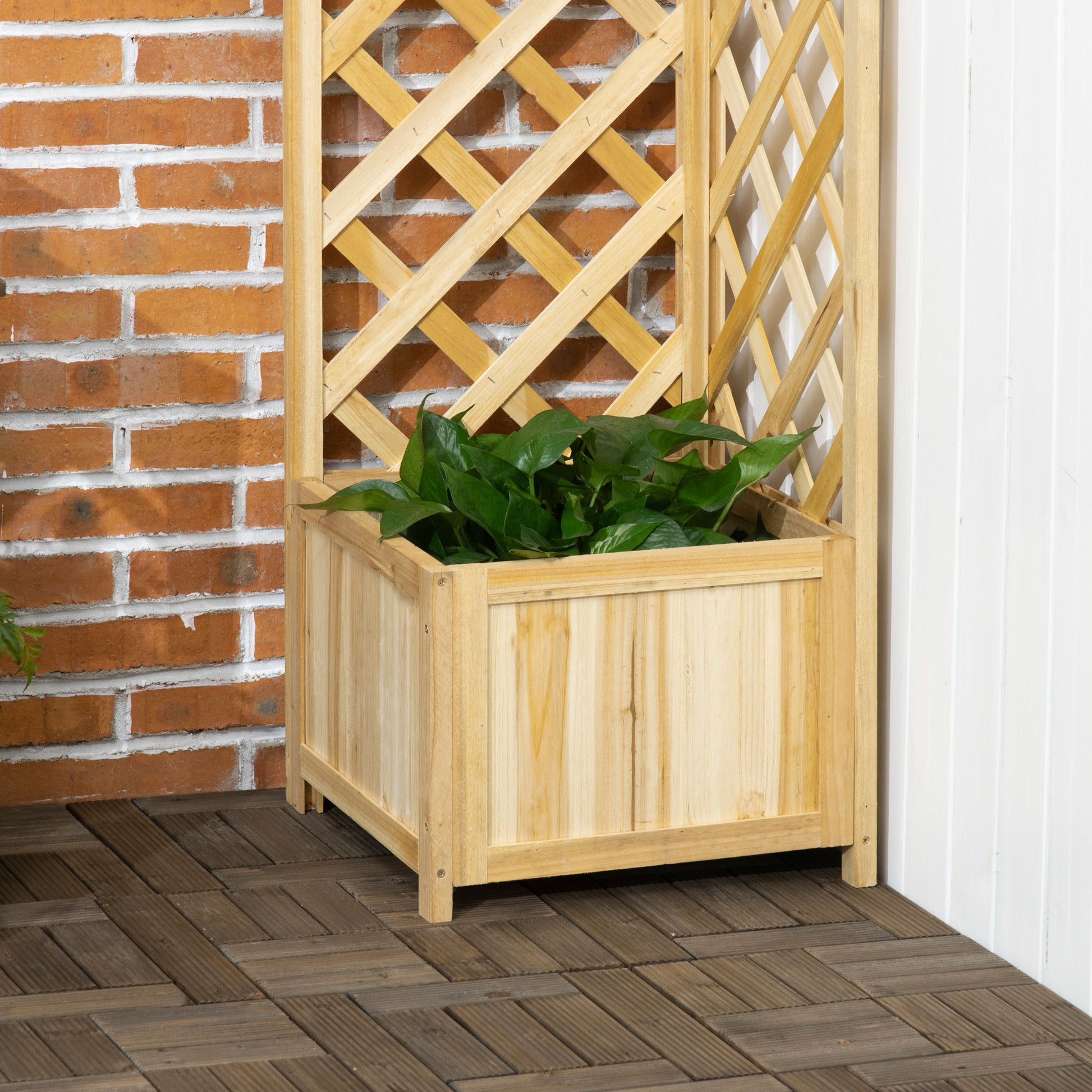 Outsunny Jardinera con Enrejado de Madera Macetero Exterior para Esquina Jardinera Elevada para Plantas Trepadoras en Patio Terraza 40x40x145 cm Natural
