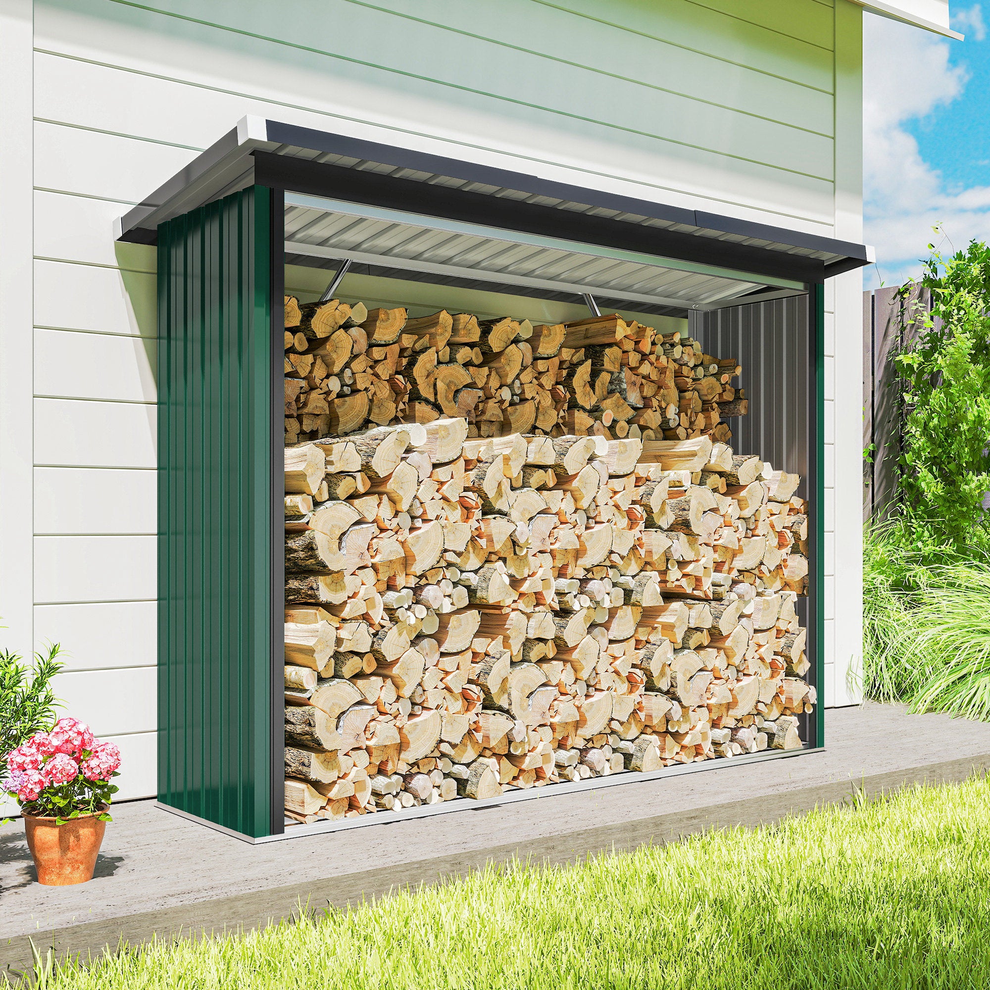 Outsunny Casetilla para Leña de Acero Galvanizado, Cobertizo Leñero Exterior de Almacenamiento de Troncos, con Base Elevada y Techo Inclinado, 213x66,5x150 cm, Verde