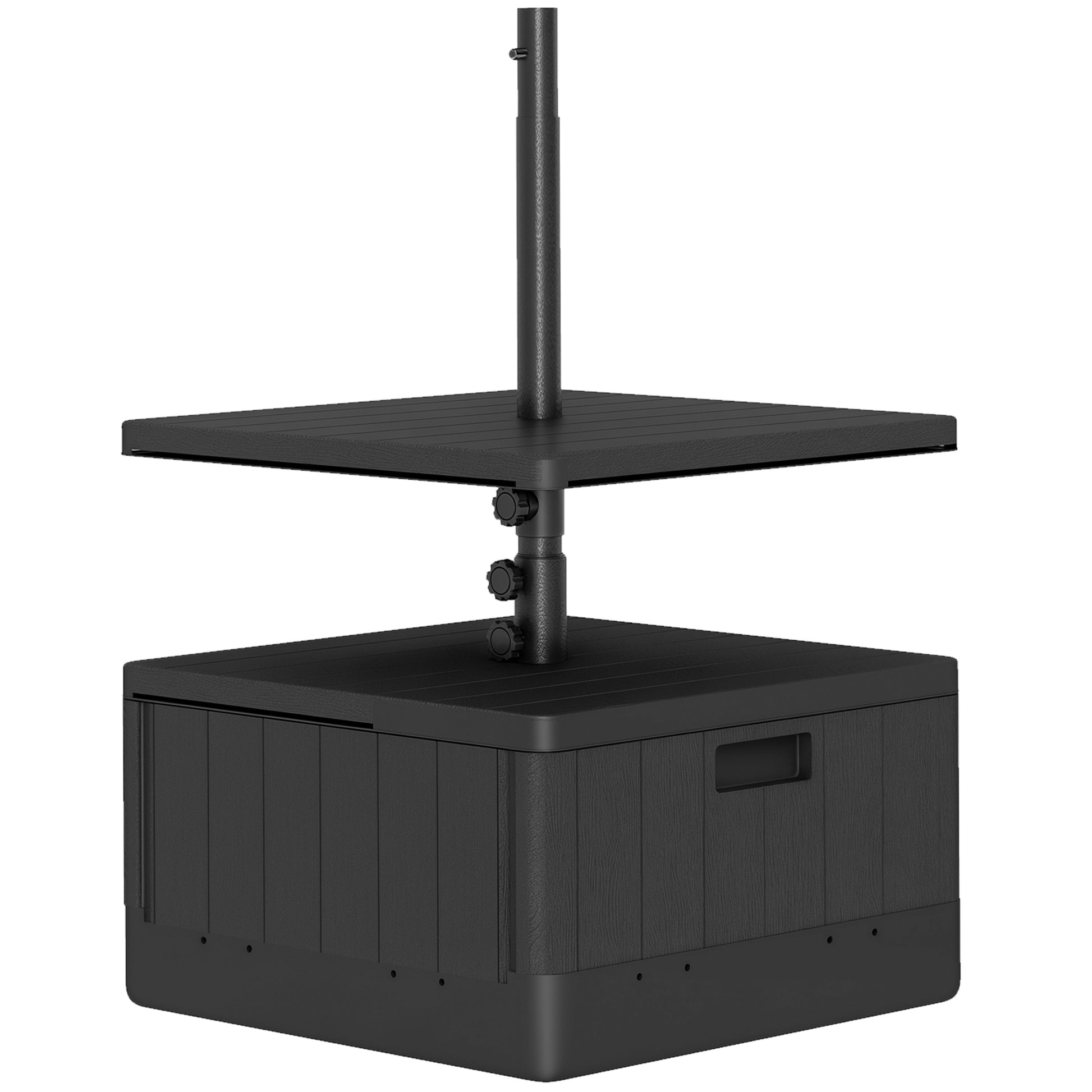 Outsunny Base para Sombrilla Exterior 3 en 1, Mesa Auxiliar Ajustable, Macetero con Orificio de Drenaje, Soporte de Parasol Rellenable Arena 80 kg con Ruedas y Asas, para Postes Ø38 y Ø48 mm, Negro