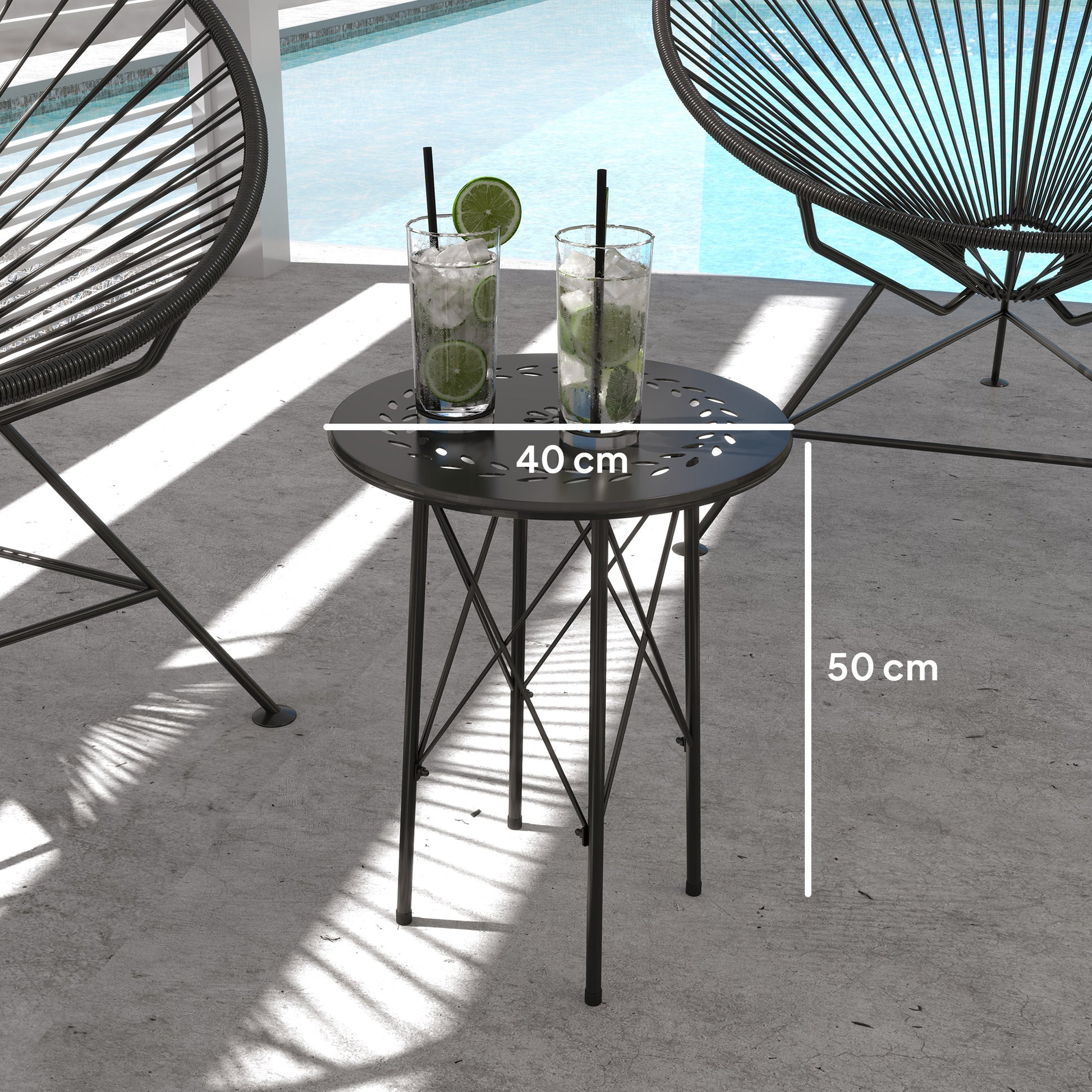 Outsunny Mesa de Jardín Redonda Mesa de Terraza Exterior Ø40x50 cm con Patas Ajustables y Estructura en Forma de X Mesa para Exterior e Interior Negro
