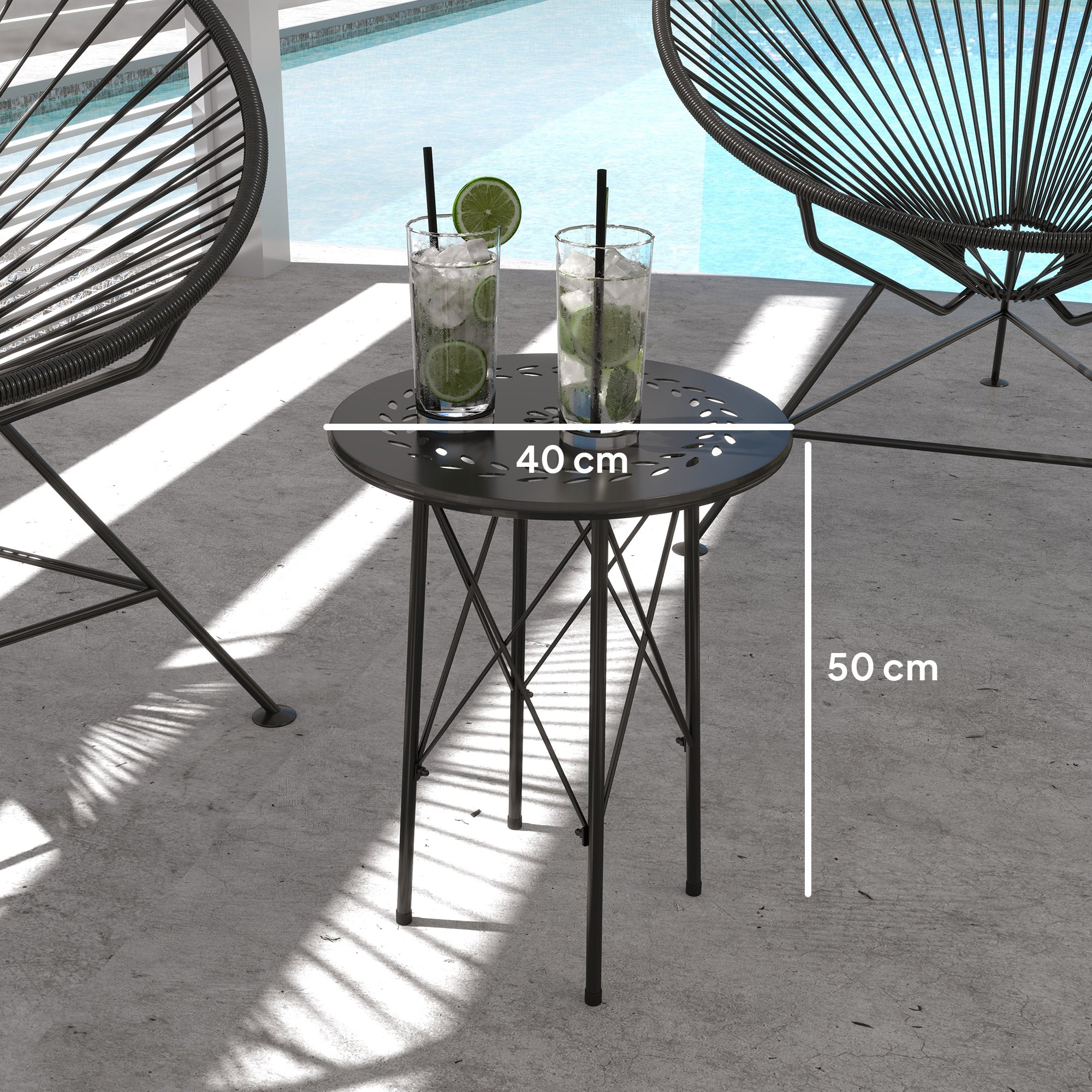 Outsunny Mesa de Jardín Redonda Mesa de Terraza Exterior Ø40x50 cm con Patas Ajustables y Estructura en Forma de X Mesa para Exterior e Interior Negro
