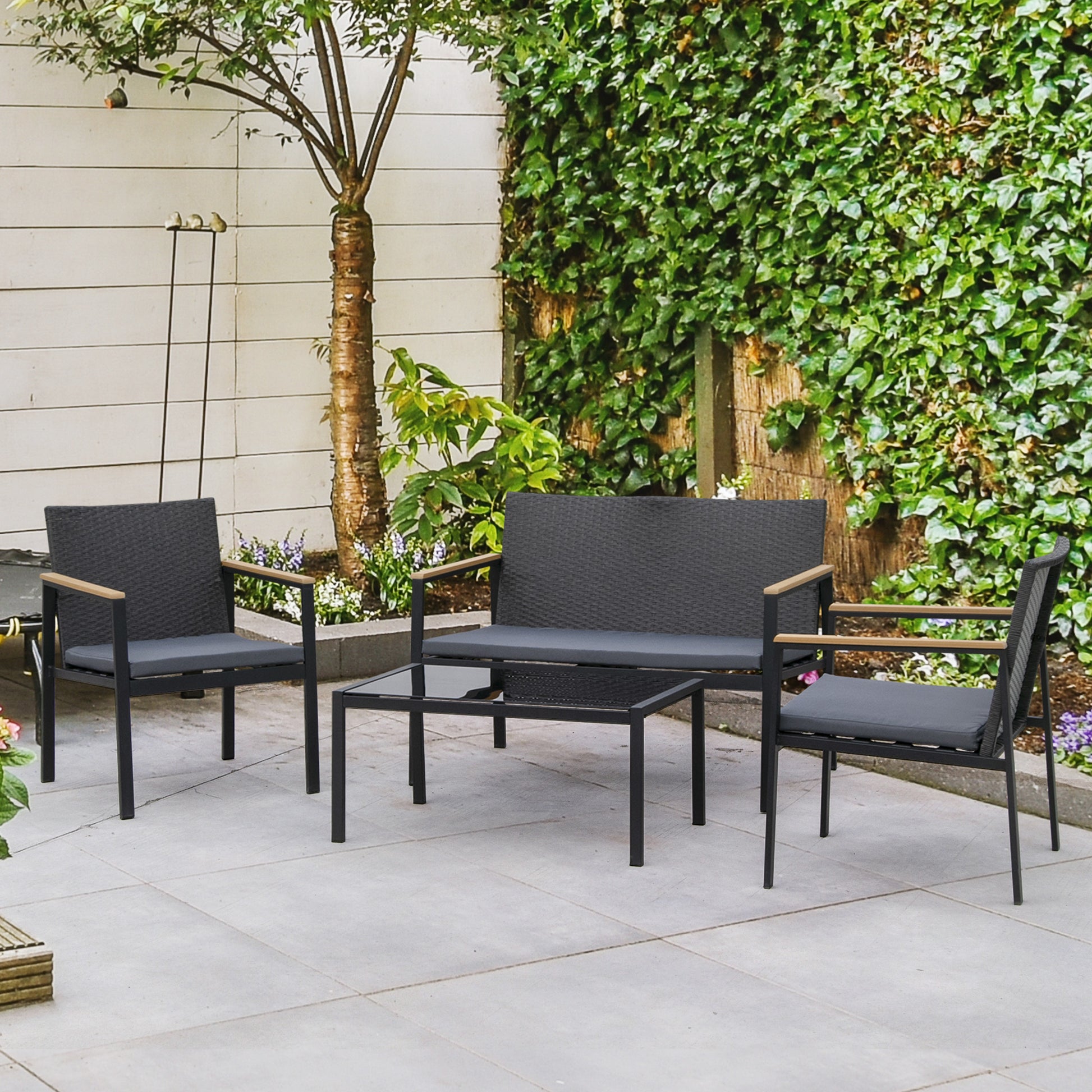 Outsunny Conjunto Muebles de Ratán PE de 4 Piezas con Cojines 2 Sillones 1 Sofá Doble y Mesa de Centro para Jardín Terraza Patio Negro y Gris
