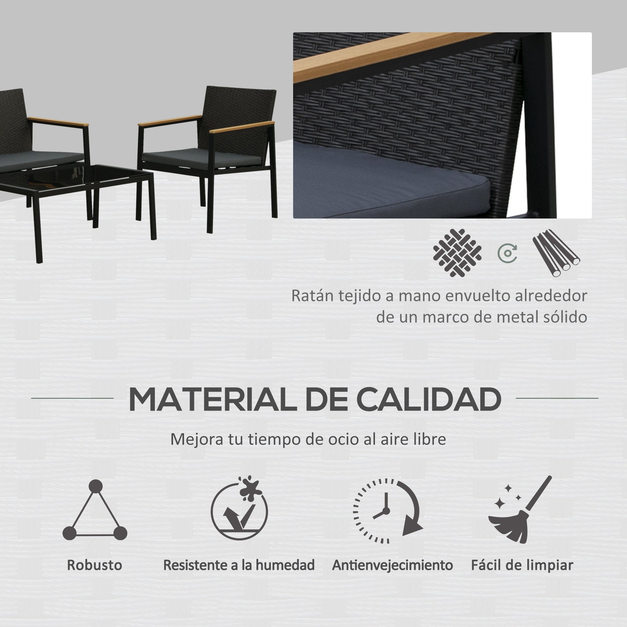 Outsunny Conjunto Muebles de Ratán PE de 4 Piezas con Cojines 2 Sillones 1 Sofá Doble y Mesa de Centro para Jardín Terraza Patio Negro y Gris