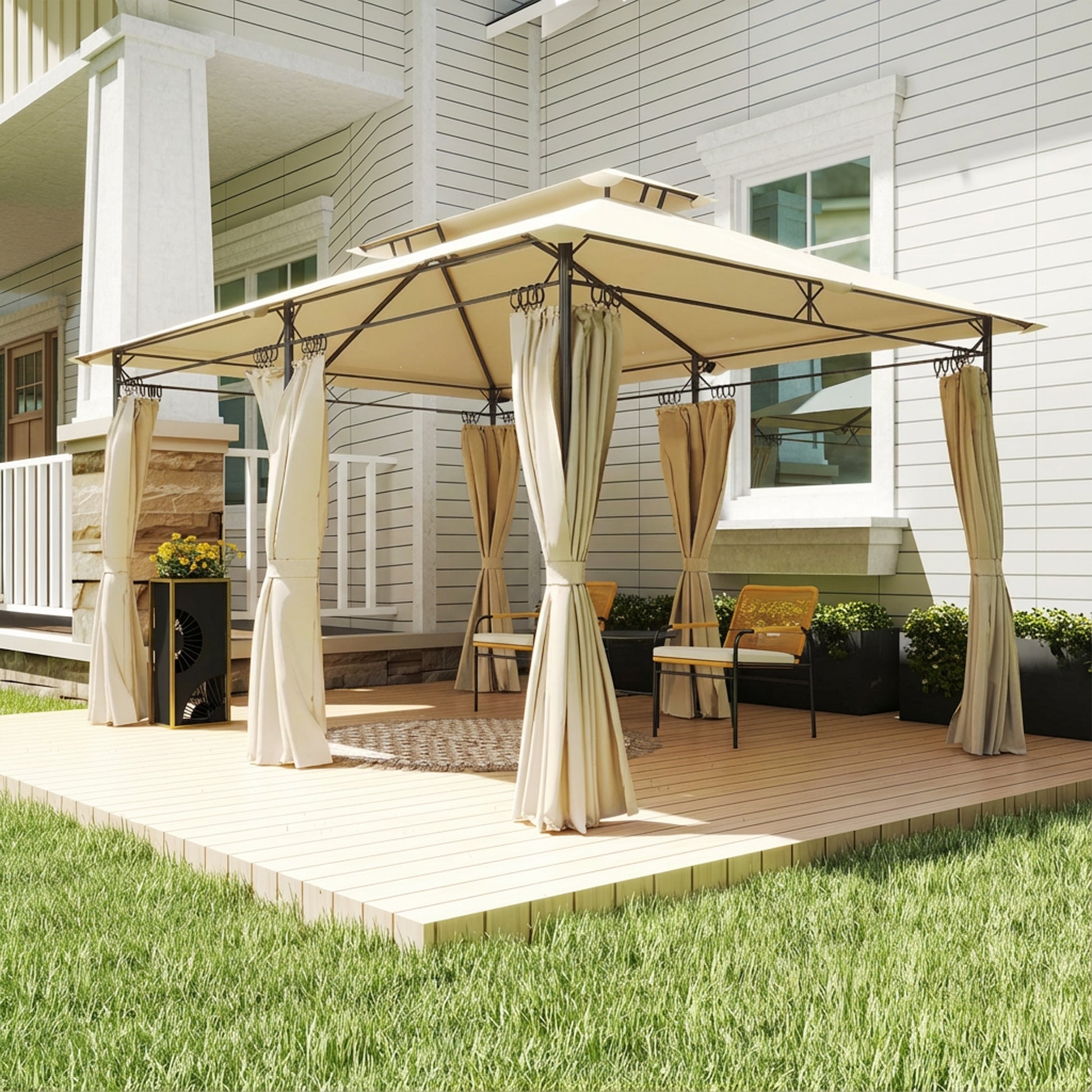 Outsunny Cenador de Jardín 4x3 m, Pabellón de Jardín Gazebo con Doble Techo, 6 Paredes Laterales, Estructura Metálica, Orificios de Drenaje, Carpa para Exterior, Terraza, Patio, Beige