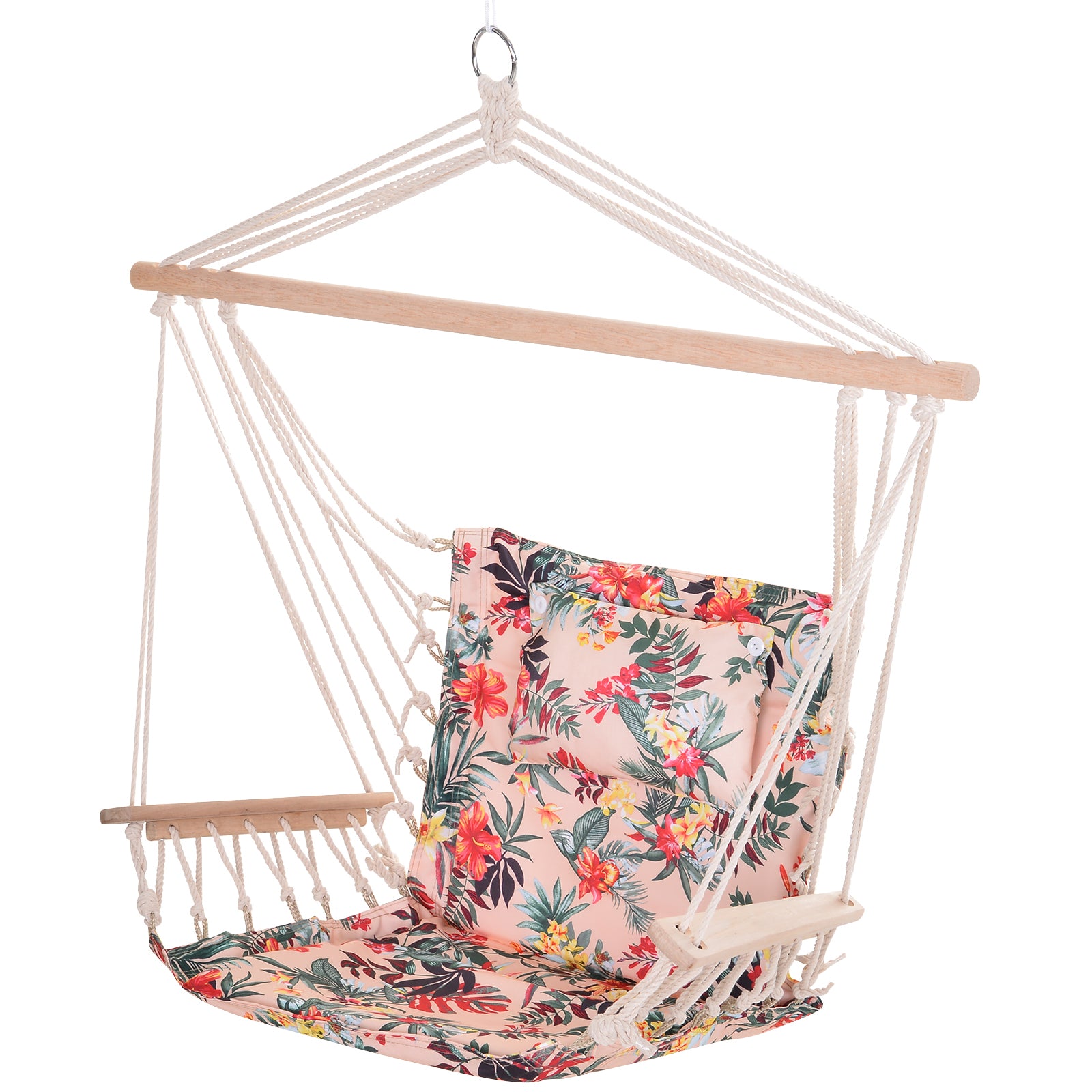 Outsunny Silla Colgante Estampado Floral Hamaca con Cojín Reposacabezas para Interior Exterior 100x106 cm Carga Máx. 100 kg