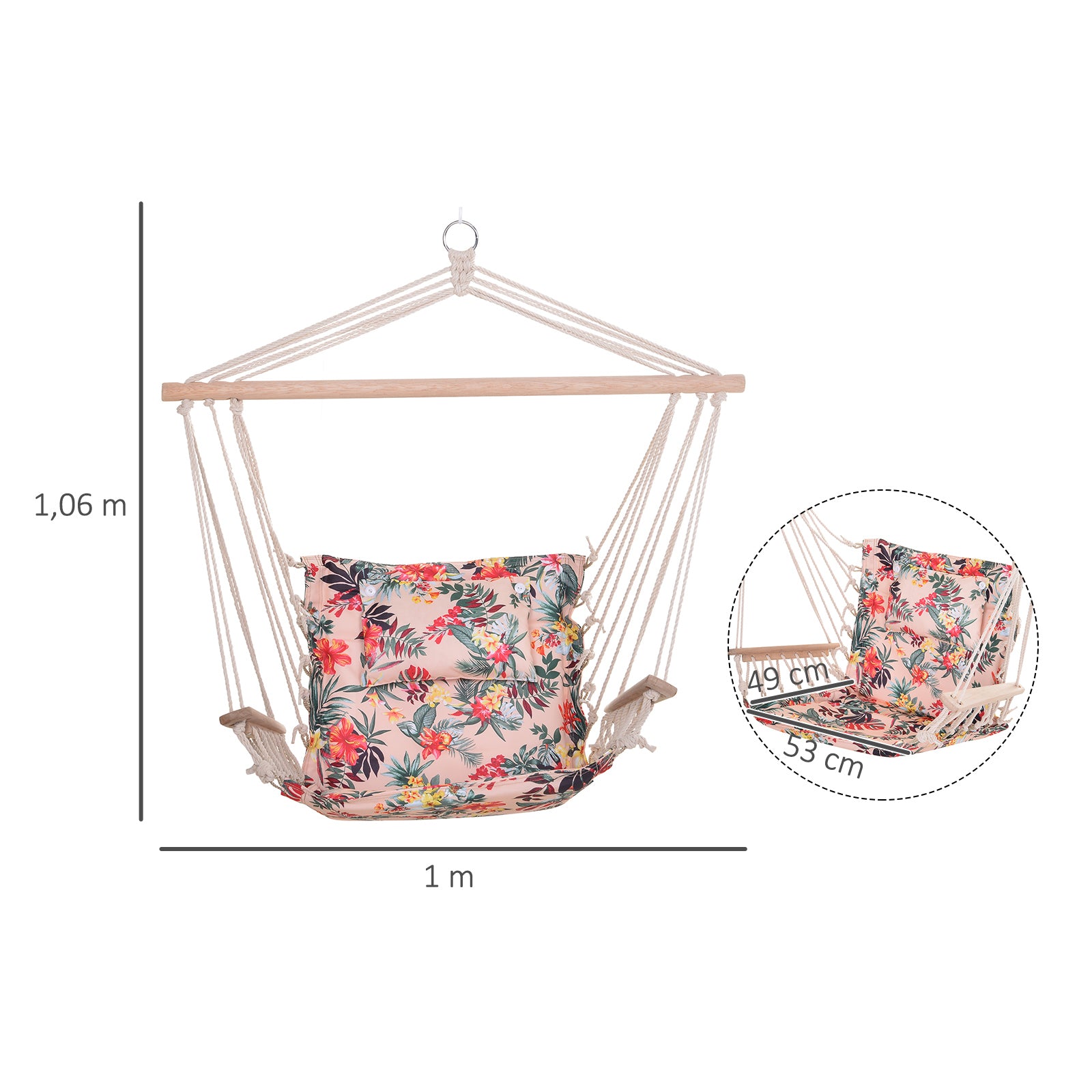 Outsunny Silla Colgante Estampado Floral Hamaca con Cojín Reposacabezas para Interior Exterior 100x106 cm Carga Máx. 100 kg