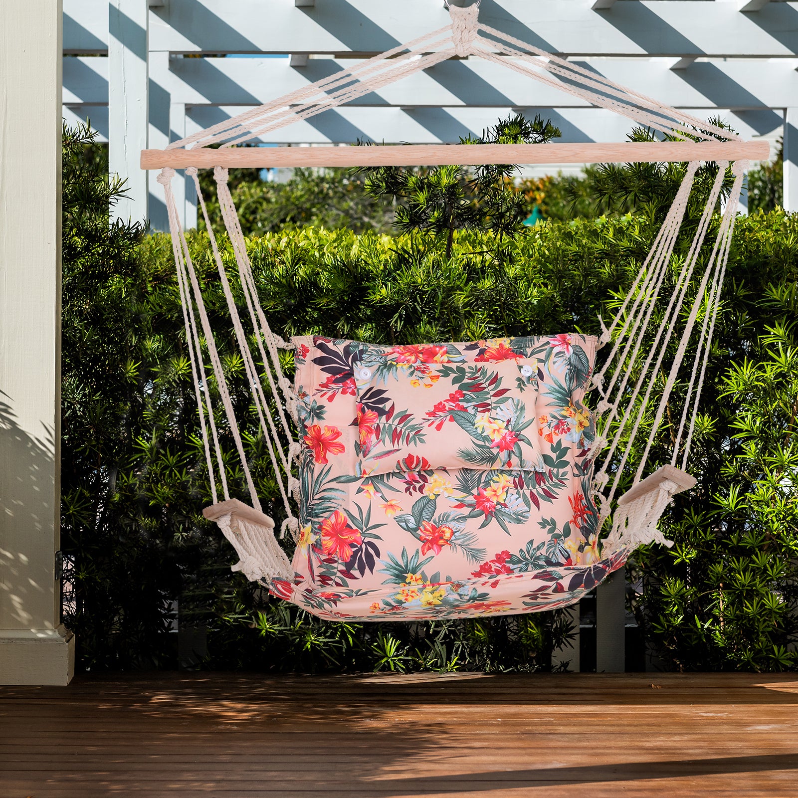Outsunny Silla Colgante Estampado Floral Hamaca con Cojín Reposacabezas para Interior Exterior 100x106 cm Carga Máx. 100 kg