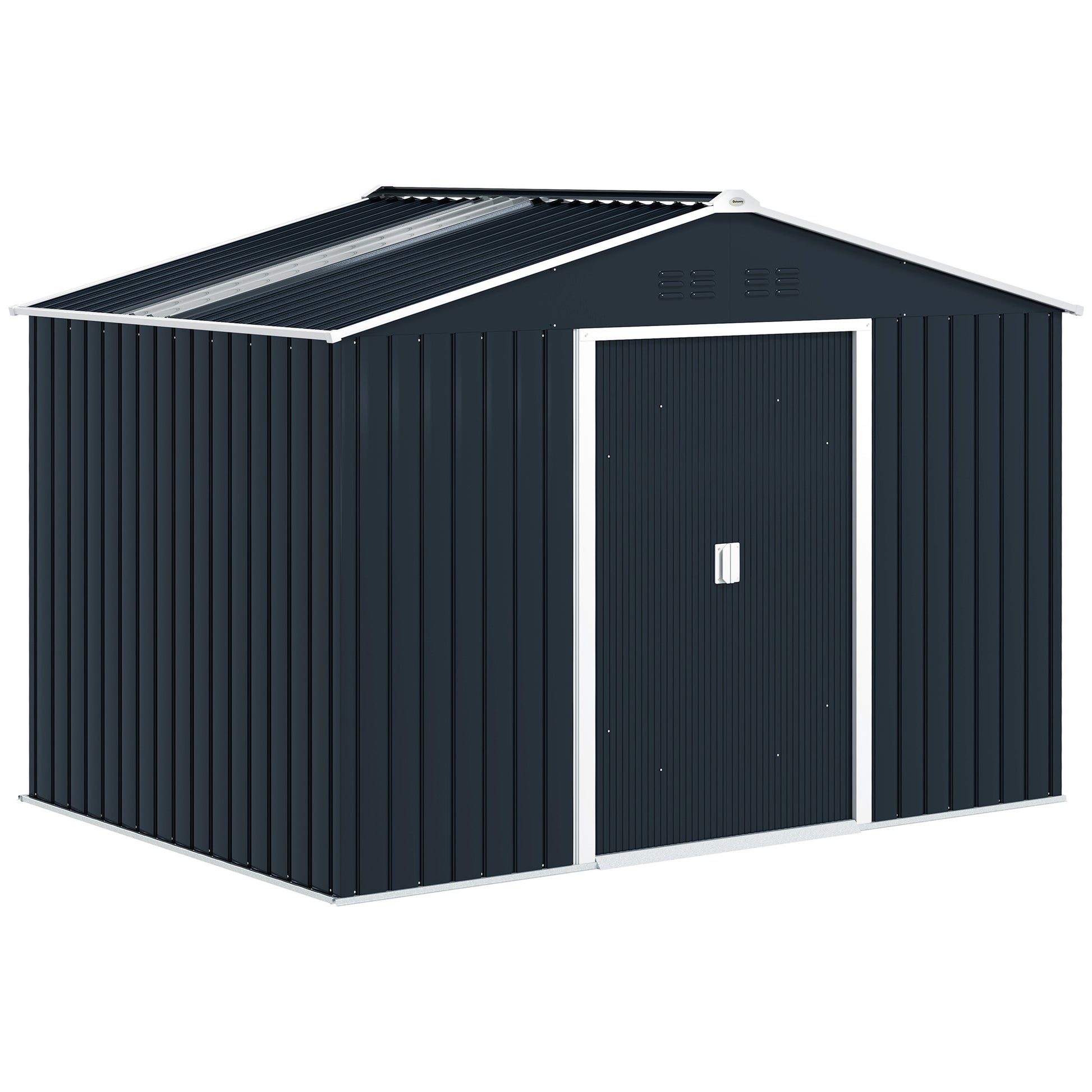 Outsunny Caseta de Jardín Exterior, 4,9 m², 277x195x192 cm, Cobertizo de Jardín Exterior Metálico con Claraboya de Fibra de Vidrio, Puerta Corredera, Ventilación y Kit de Fundación, Gris Oscuro
