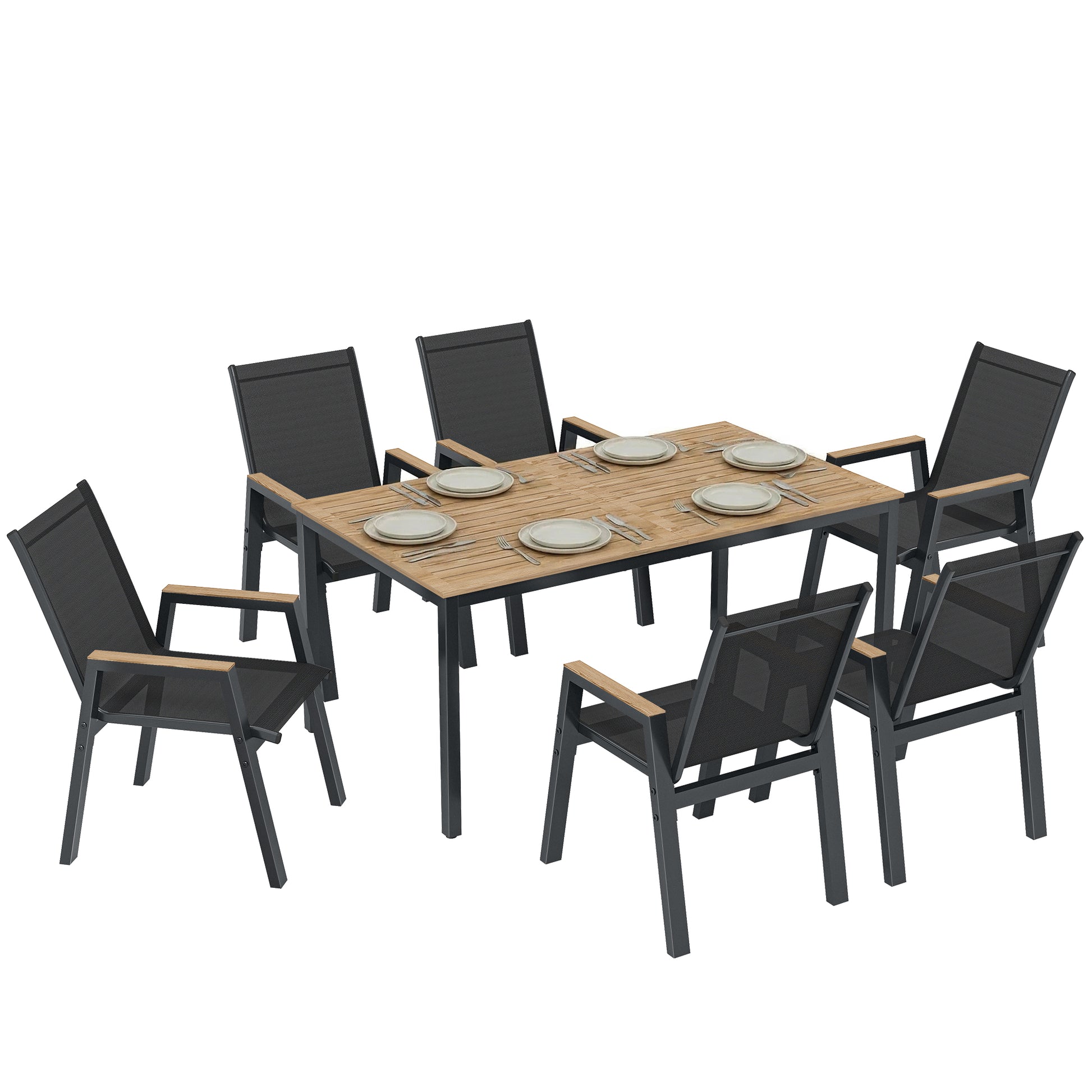 Outsunny Conjunto de Mesa y Sillas Jardín de 7 Piezas, Muebles Jardín Exterior con Mesa con Tablero de Listones Efecto Madera, 6 Sillas Transpirables, Marco de Metal Resistente a la Intemperie, Negro