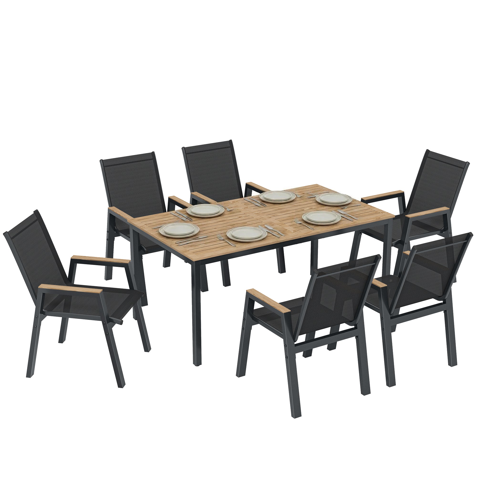 Outsunny Conjunto de Mesa y Sillas Jardín de 7 Piezas, Muebles Jardín Exterior con Mesa con Tablero de Listones Efecto Madera, 6 Sillas Transpirables, Marco de Metal Resistente a la Intemperie, Negro