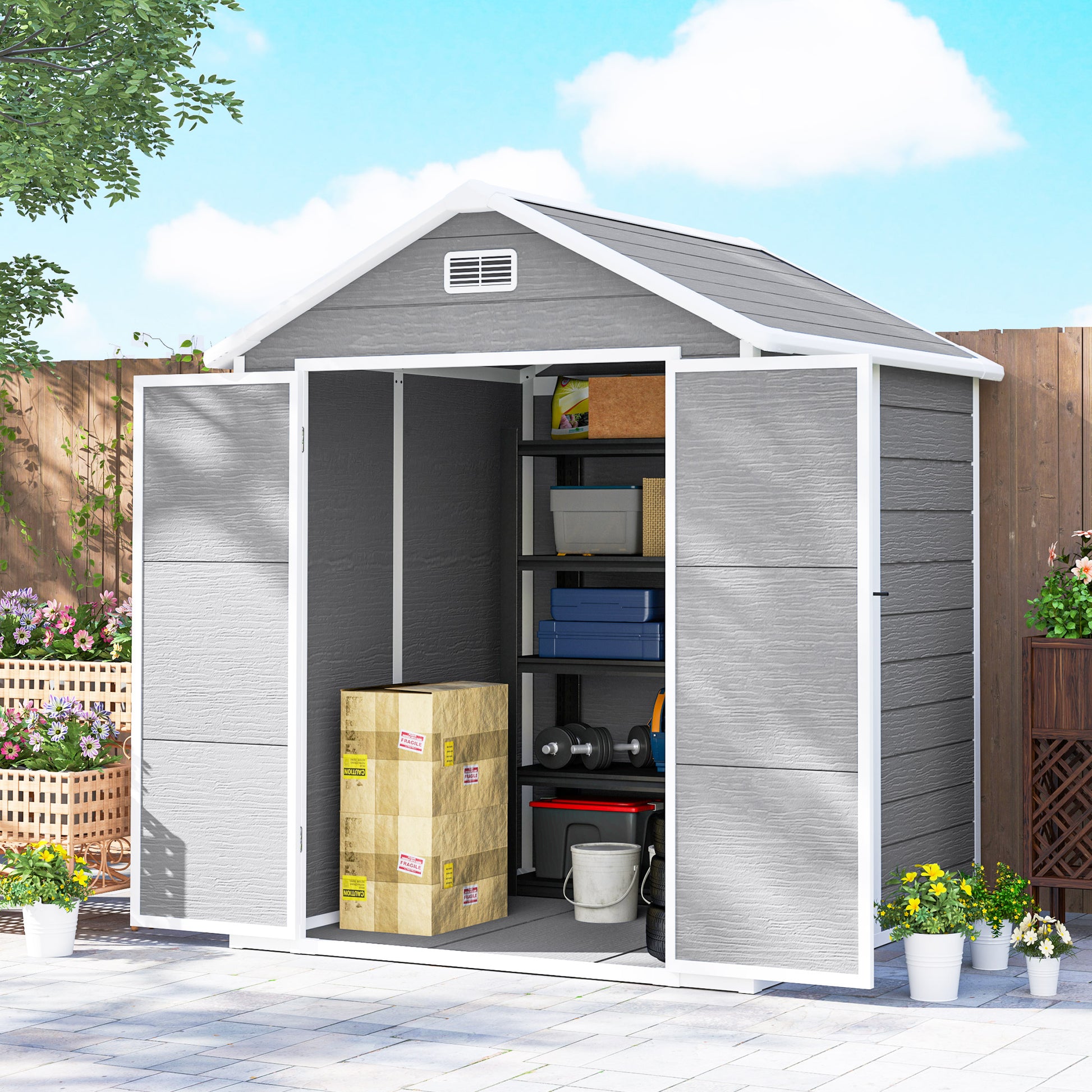 Outsunny Caseta de Jardín Exterior, 2,4 m², 182x151x219 cm, Cobertizo de Jardín Exterior con Suelo, Puerta Corredera, Ventana y Techo Inclinado, para Almacenamiento de Herramientas, Gris