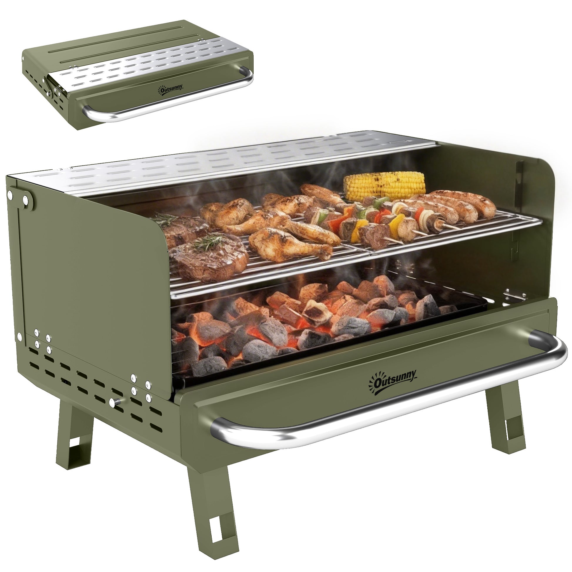 Outsunny Barbacoa de Carbón Plegable, Barbacoa Portátil, 52x37x31,8 cm, con Rejilla Ajustable, Estante Lateral Plegable y Bandeja de Carbón Extraíble, para Camping, Picnic, Fiesta en Jardín, Verde