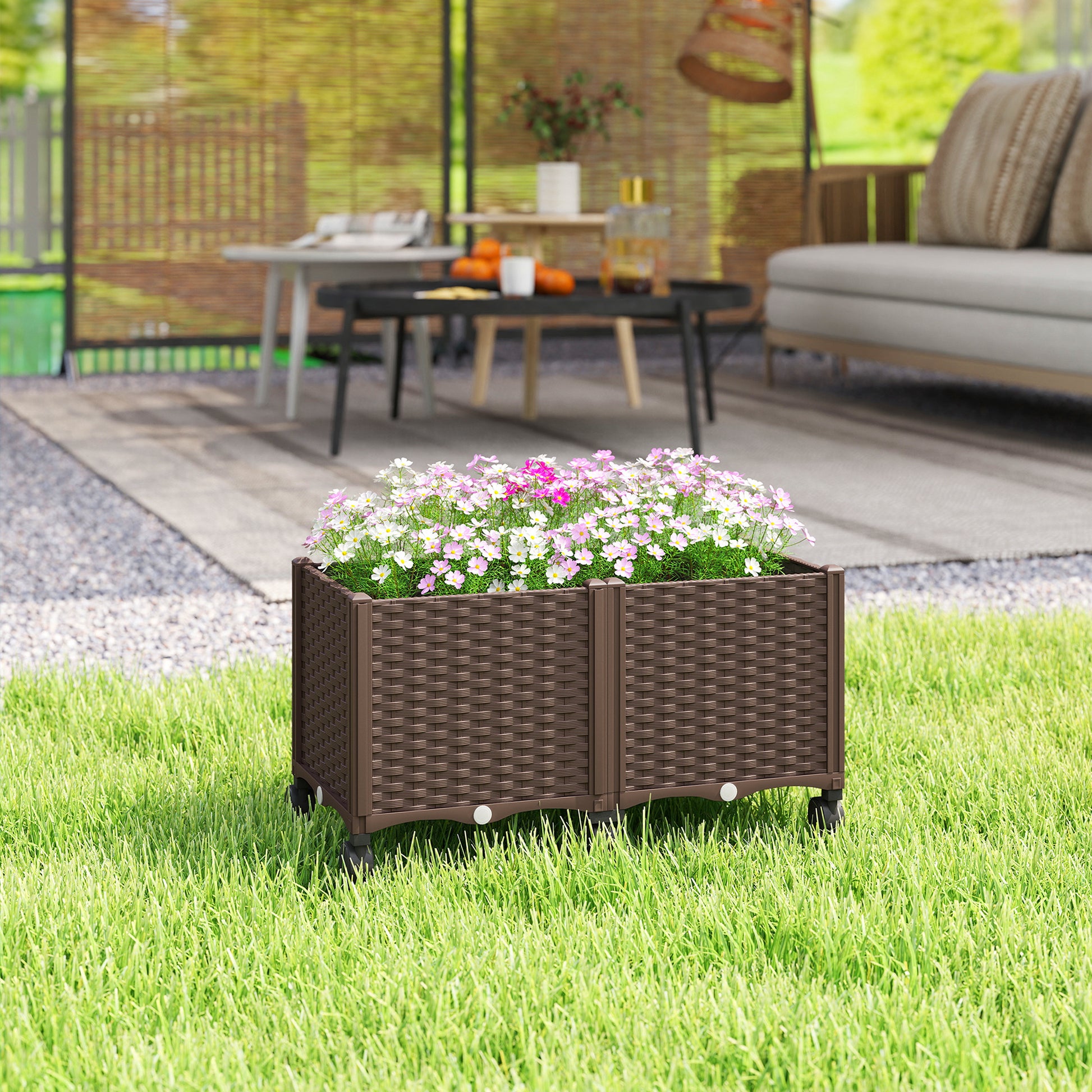 Outsunny Jardinera Elevada con 6 Ruedas, Jardinera Exterior Móvil de Plástico con Riego Automático y Drenaje, Macetero Exterior para Cultivos, Plantas, Jardín, Terraza, 80x40x43 cm, Marrón