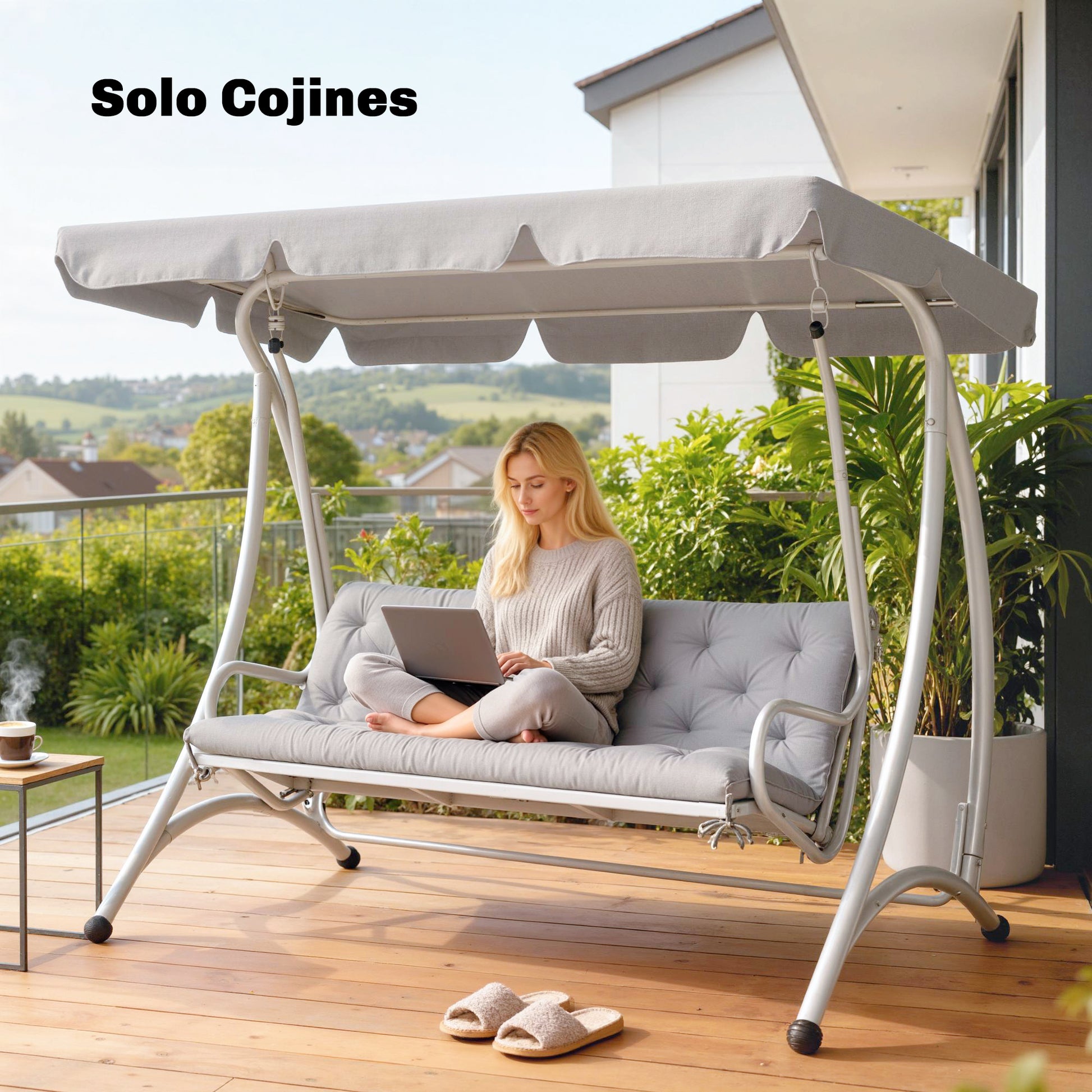 Outsunny Cojín para Banco de Jardín con Respaldo, 150x98x8 cm, Colchón de Banco de 3 Plazas para Interior y Exterior con Relleno Grueso y Cintas de Sujeción, para Columpio, Terraza, Balcón, Gris Claro