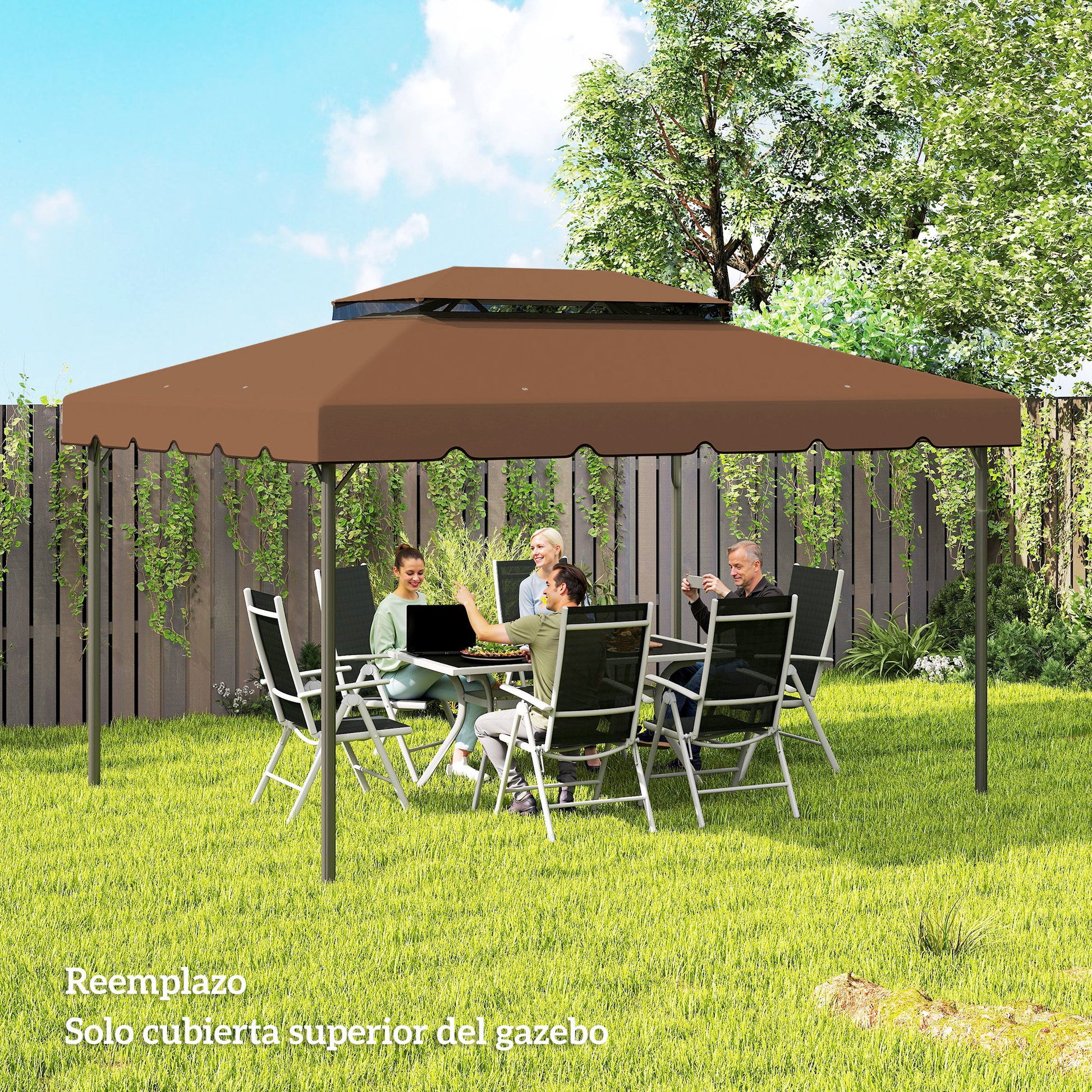 Outsunny Techo de Repuesto para Cenador, 4x3 m, Cubierta de Repuesto con Doble Techo, 8 Orificios de Drenaje, SOLO Toldo de Recambio para Pabellón Gazebo, Café