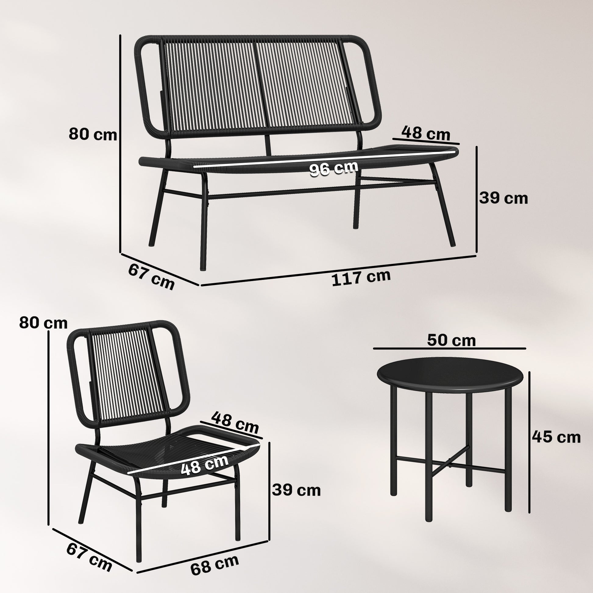 Outsunny Conjunto de Jardín Exterior de Ratán, Conjunto Terraza Resistente a la Intemperie, Muebles Jardín Exterior 4 Piezas Incluye Sofá de 2 Plazas, 2 Sillas, Mesa de Centro con Tapa Metálica, Negro
