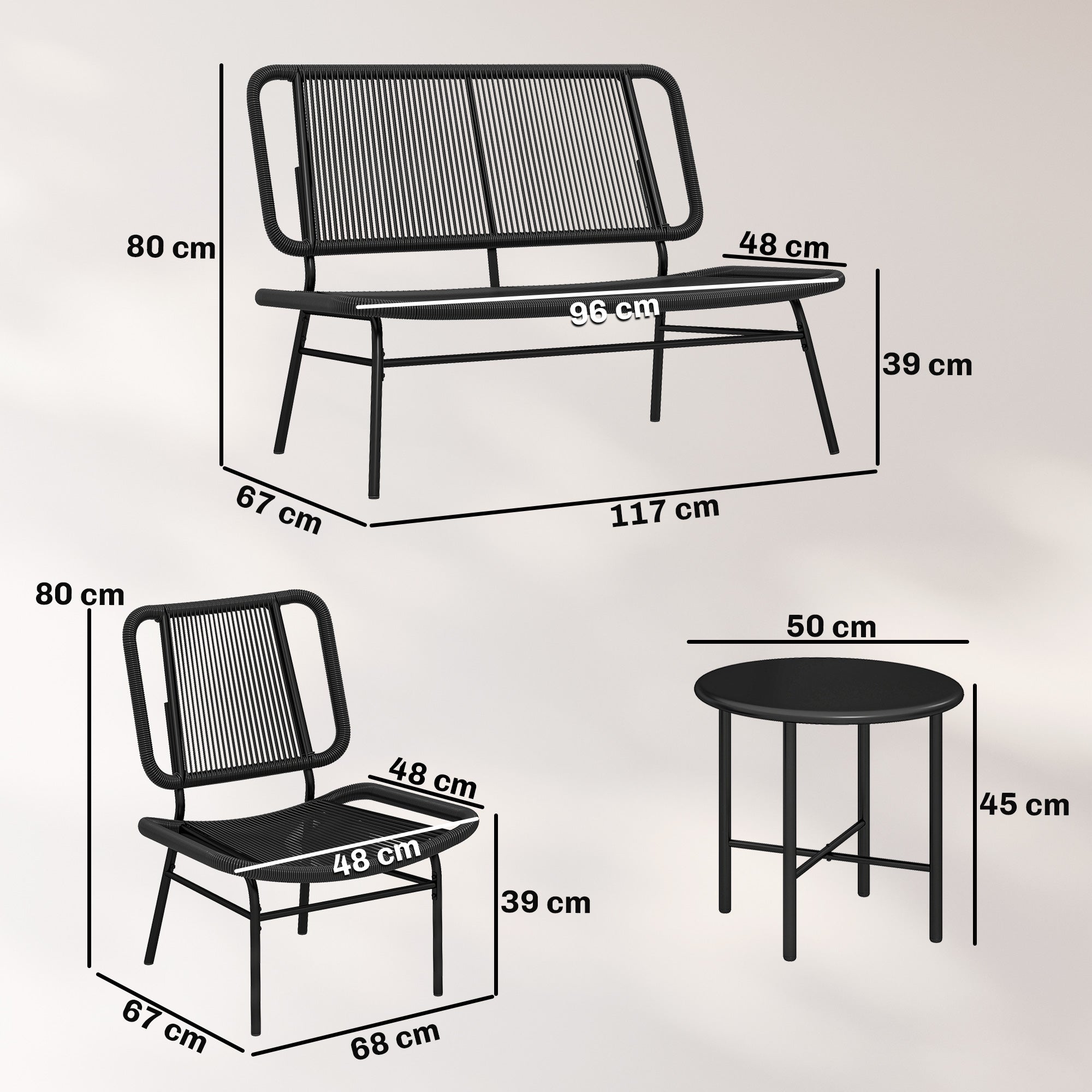 Outsunny Conjunto de Jardín Exterior de Ratán, Conjunto Terraza Resistente a la Intemperie, Muebles Jardín Exterior 4 Piezas Incluye Sofá de 2 Plazas, 2 Sillas, Mesa de Centro con Tapa Metálica, Negro
