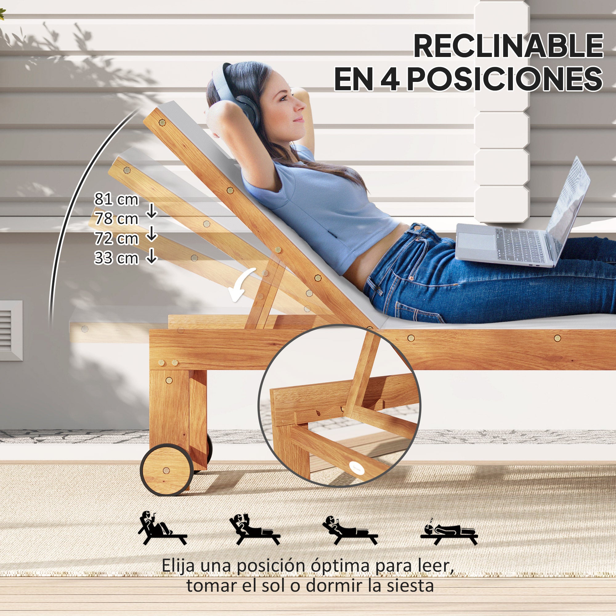 Outsunny Tumbona de Madera de Acacia con Respaldo Ajustable en 4 Niveles Tumbona de Jardín Exterior con Ruedas Carga 160 kg Tumbona para Patio Terraza Balcón Teca y Gris Claro