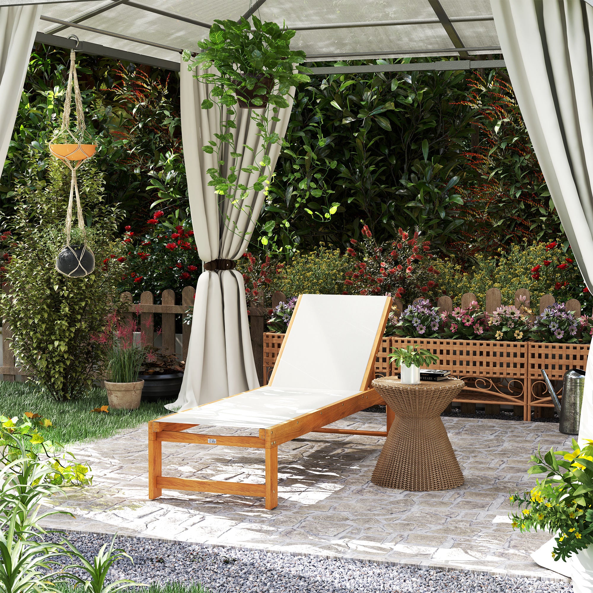 Outsunny Tumbona de Madera de Acacia con Respaldo Ajustable en 4 Niveles Tumbona de Jardín Exterior con Ruedas Carga 160 kg Tumbona para Patio Terraza Balcón Teca y Gris Claro