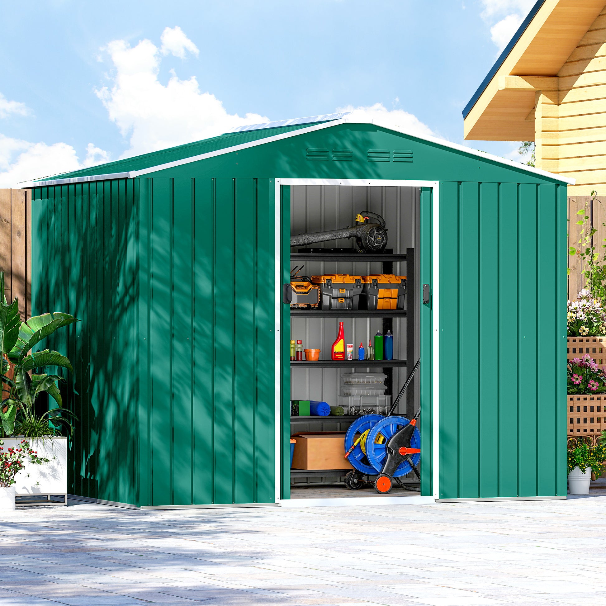 Outsunny Caseta de Jardín Exterior 3,6 m², 236x171x191 cm, Cobertizo de Jardín Exterior Metálico con Puertas Correderas y Ranuras de Ventilación, para Almacenamiento de Herramientas, Verde