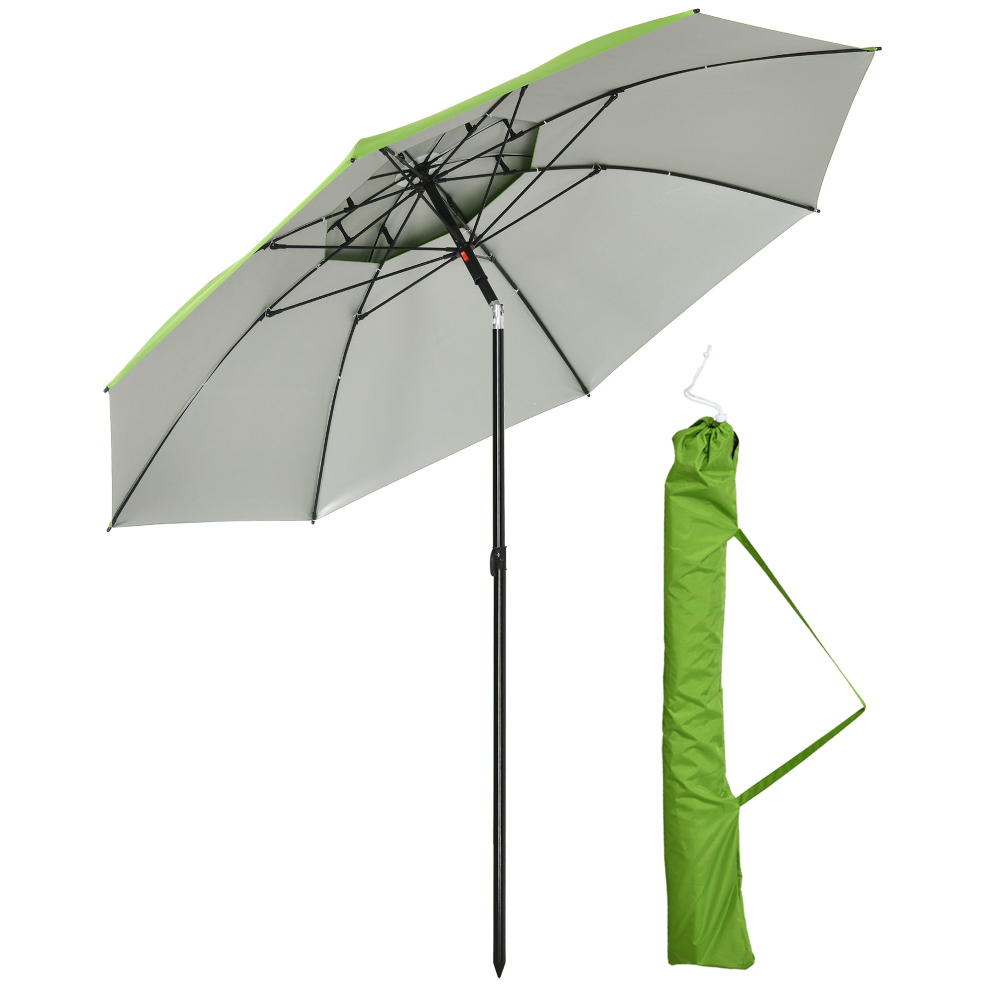 Outsunny Sombrilla de Playa Ø185x205 cm Parasol para Terraza con Techo Doble Ángulo Ajustable Protección UV30+ 8 Varillas de Acero y Bolsa de Transporte Verde