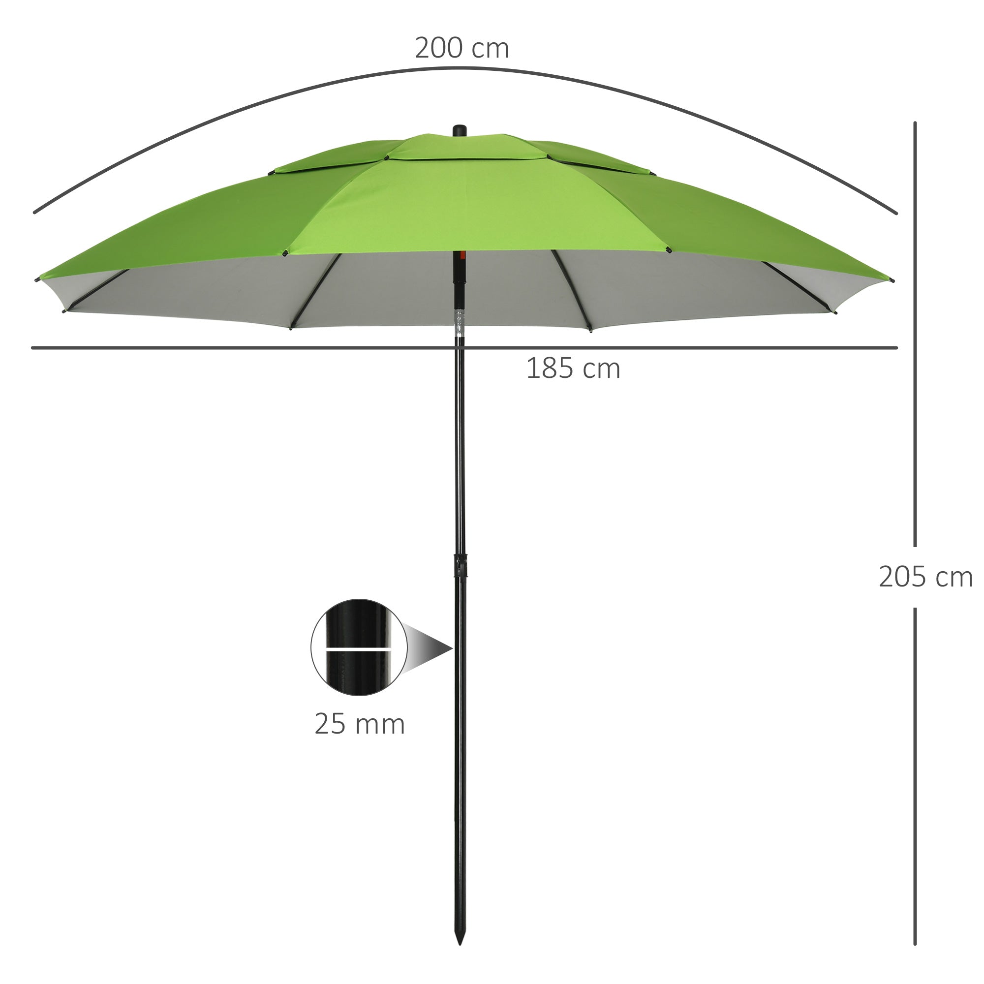 Outsunny Sombrilla de Playa Ø185x205 cm Parasol para Terraza con Techo Doble Ángulo Ajustable Protección UV30+ 8 Varillas de Acero y Bolsa de Transporte Verde