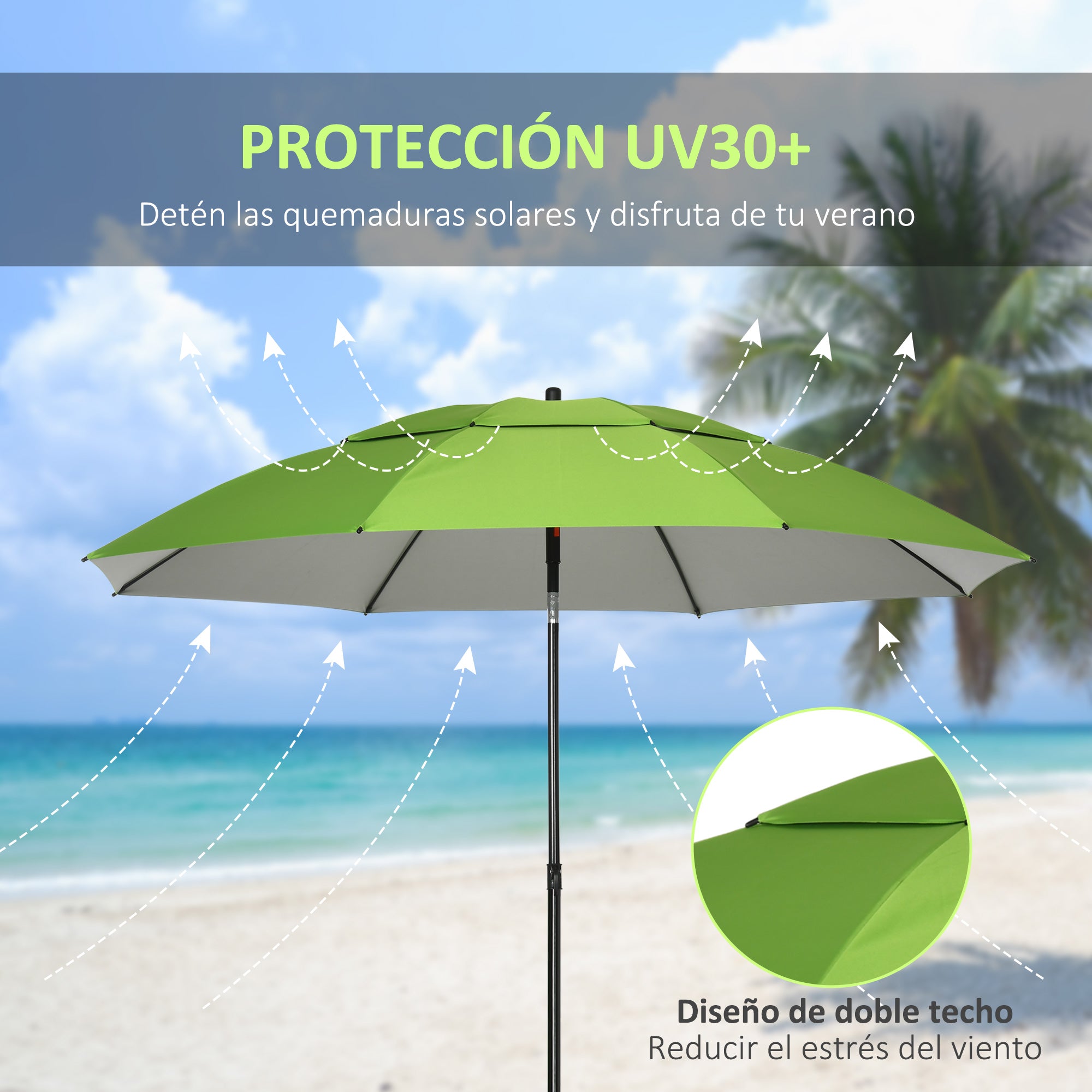 Outsunny Sombrilla de Playa Ø185x205 cm Parasol para Terraza con Techo Doble Ángulo Ajustable Protección UV30+ 8 Varillas de Acero y Bolsa de Transporte Verde