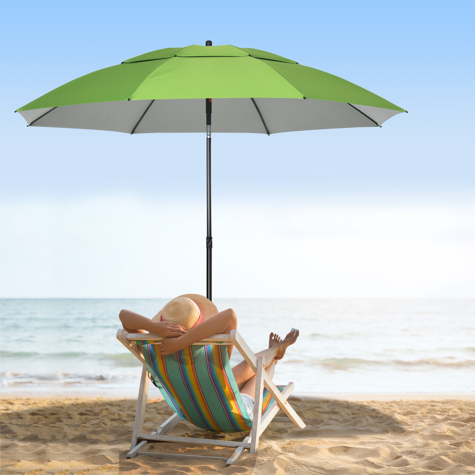 Outsunny Sombrilla de Playa Ø185x205 cm Parasol para Terraza con Techo Doble Ángulo Ajustable Protección UV30+ 8 Varillas de Acero y Bolsa de Transporte Verde